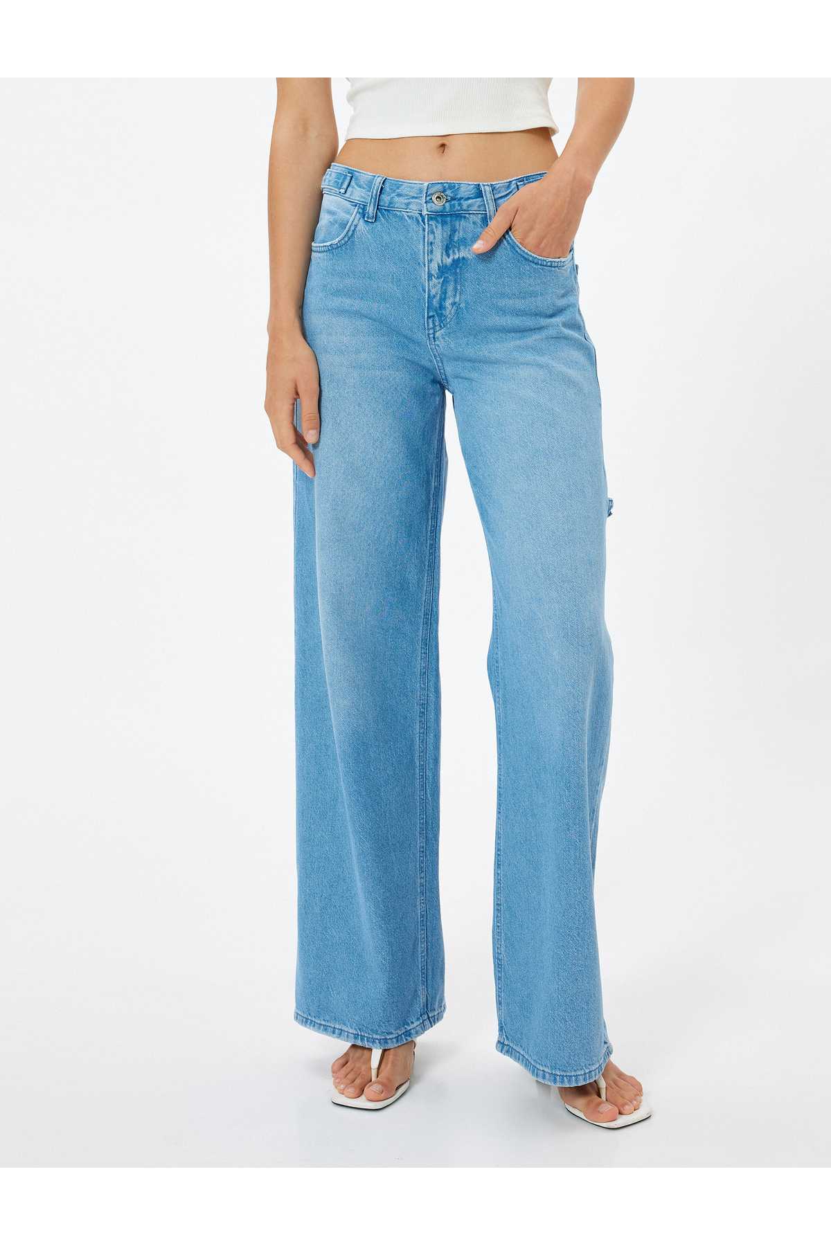 شلوار جین کمر کم با جزئیات جیب - شلوار جین گشاد