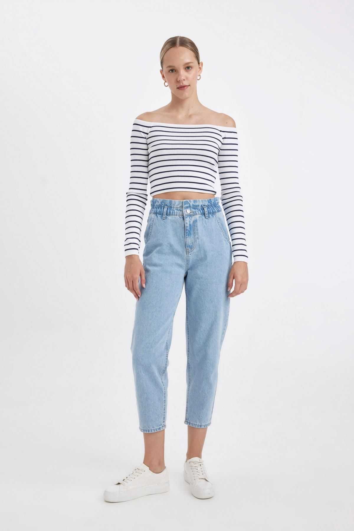 کیسه کاغذی با کمر بلند شلوار جین شسته