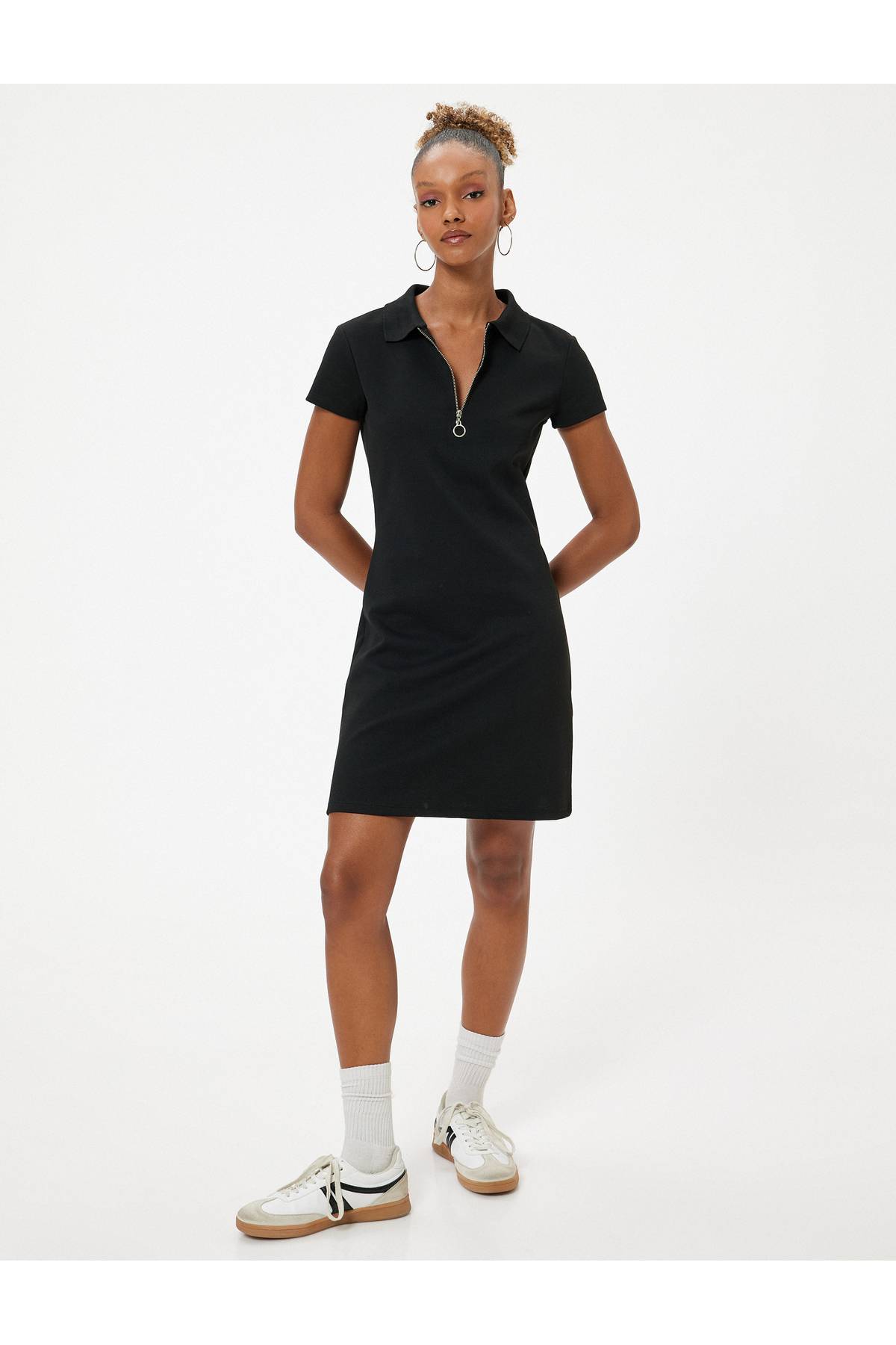 لباس یقه پولو مینی آستین کوتاه نیم زیپ A-Line