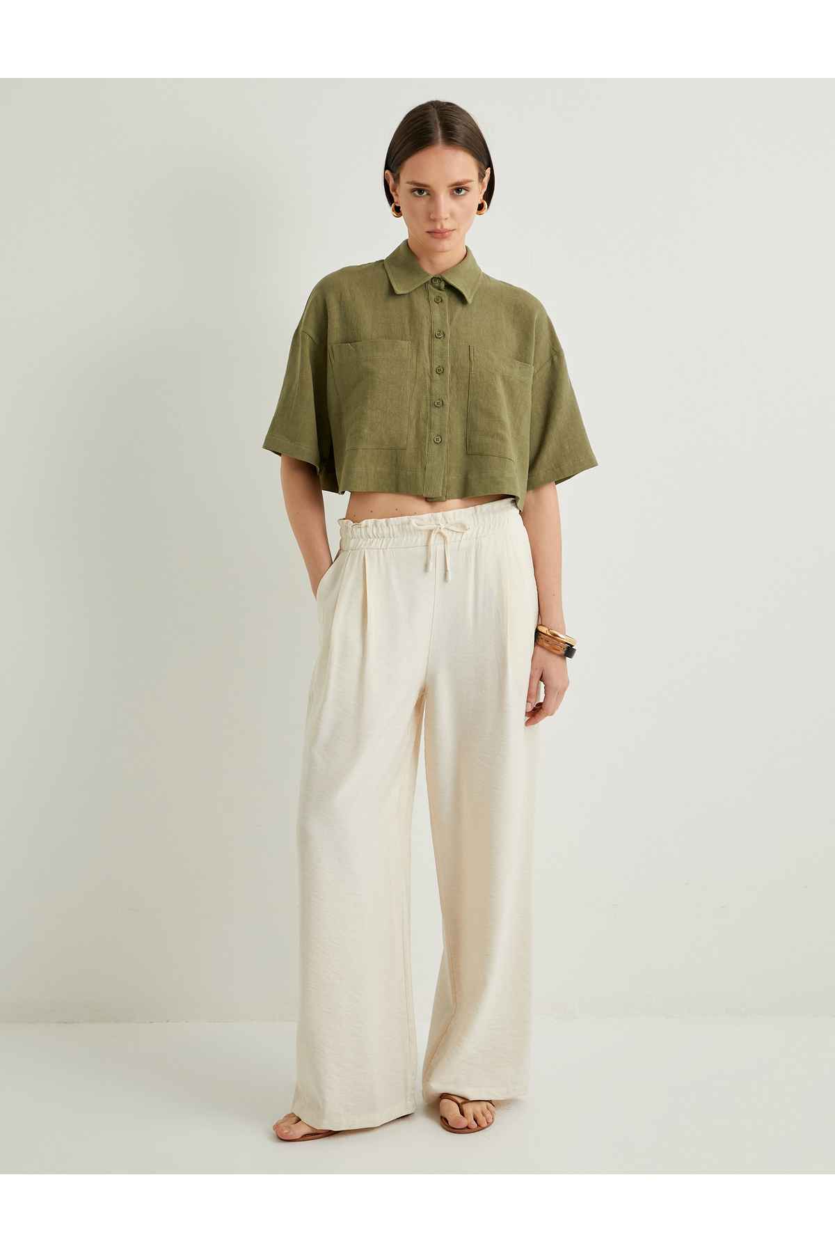 پیراهن Crop Oversize کتانی ویسکوز ترکیبی آستین کوتاه دکمه دار با جیب