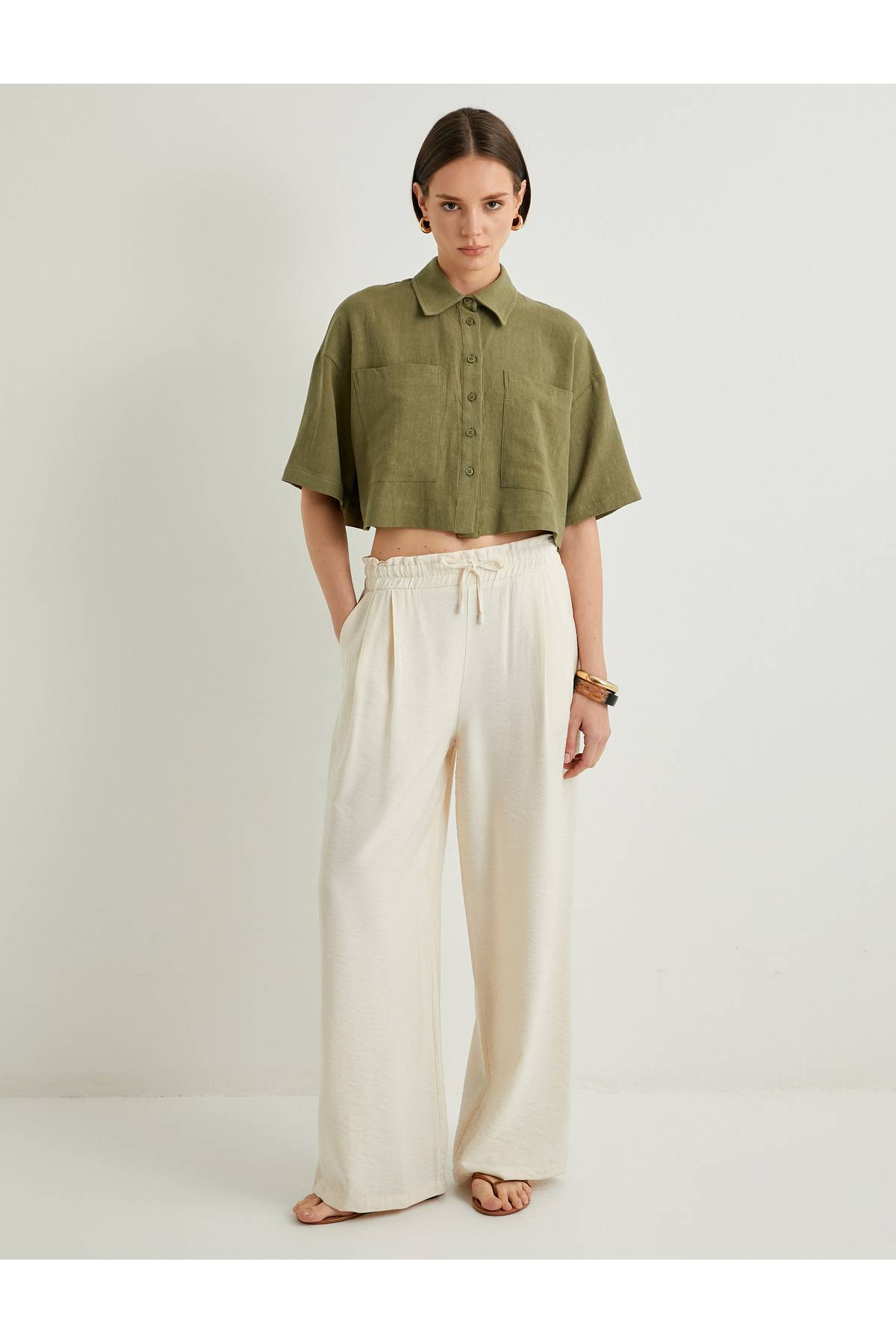 پیراهن Crop Oversize کتانی ویسکوز ترکیبی آستین کوتاه دکمه دار با جیب