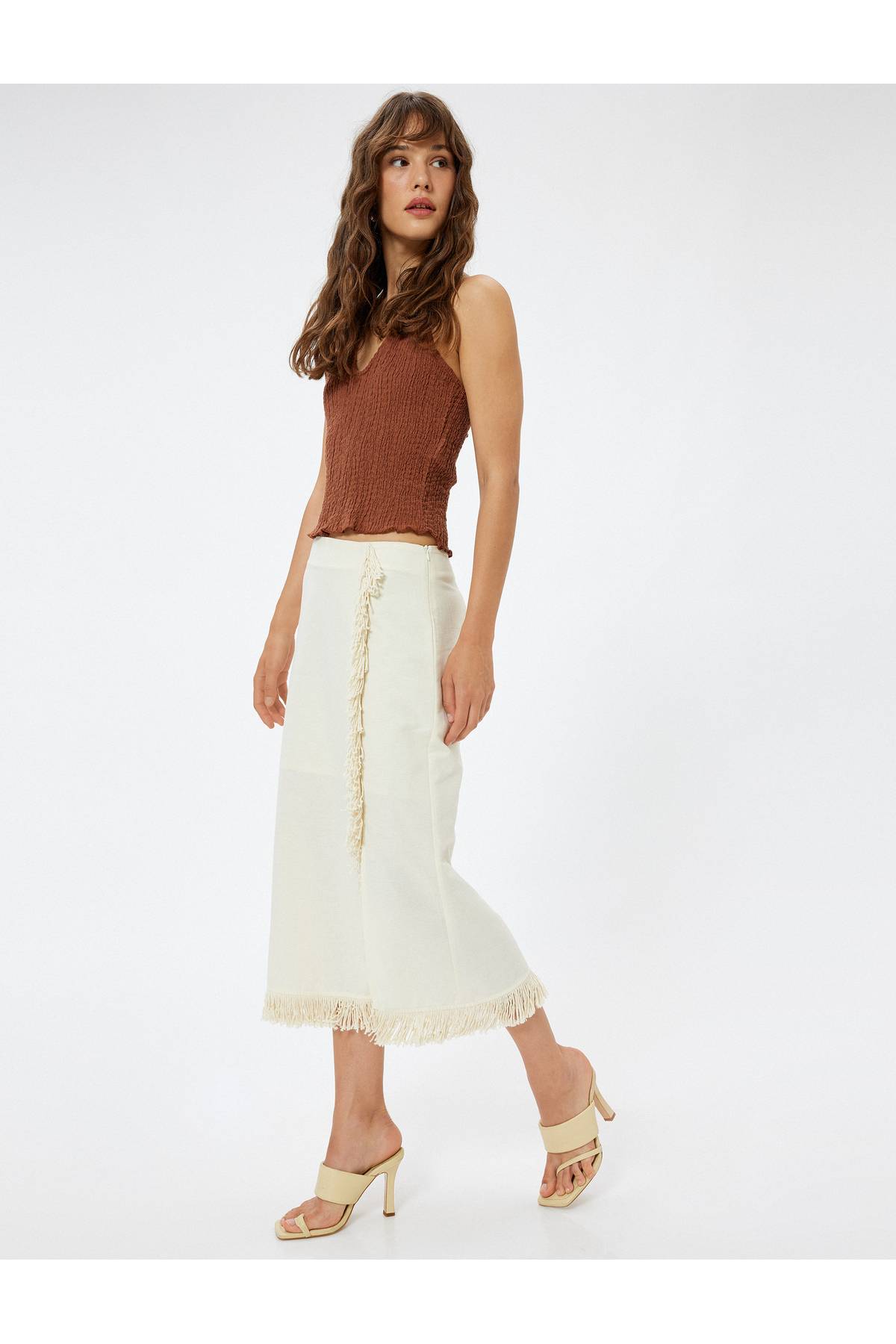 کتانی ترکیبی دامن قد میدی دو سینه منگوله دار آستر