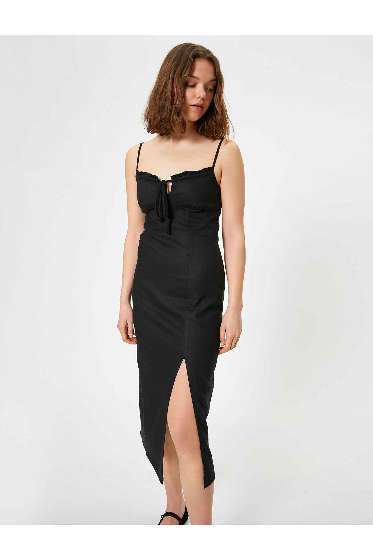 بند کتانی ترکیبی لباس بلند کراوات جلو