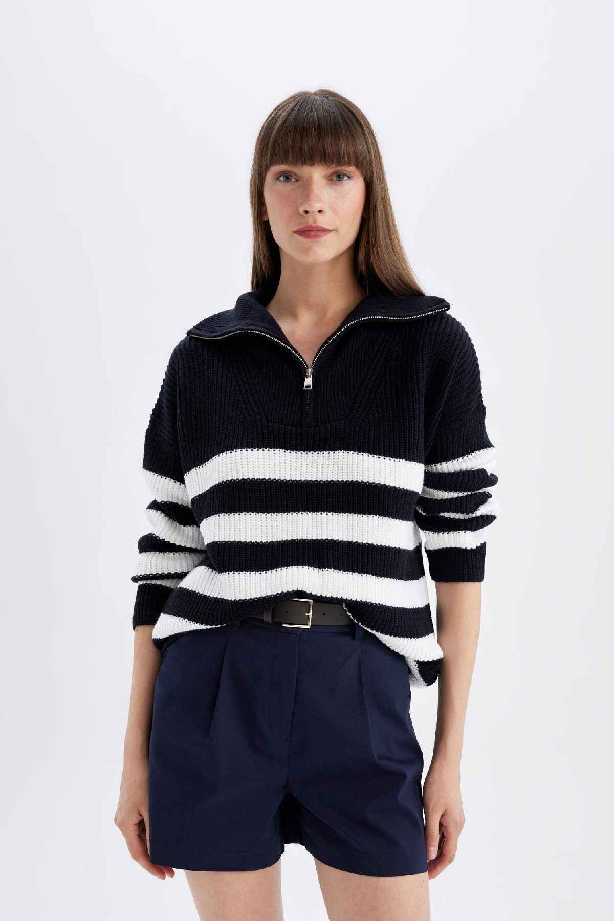 پلیور پارچه ای سلانیک نیمه زیپ راه راه ریلکس فیت