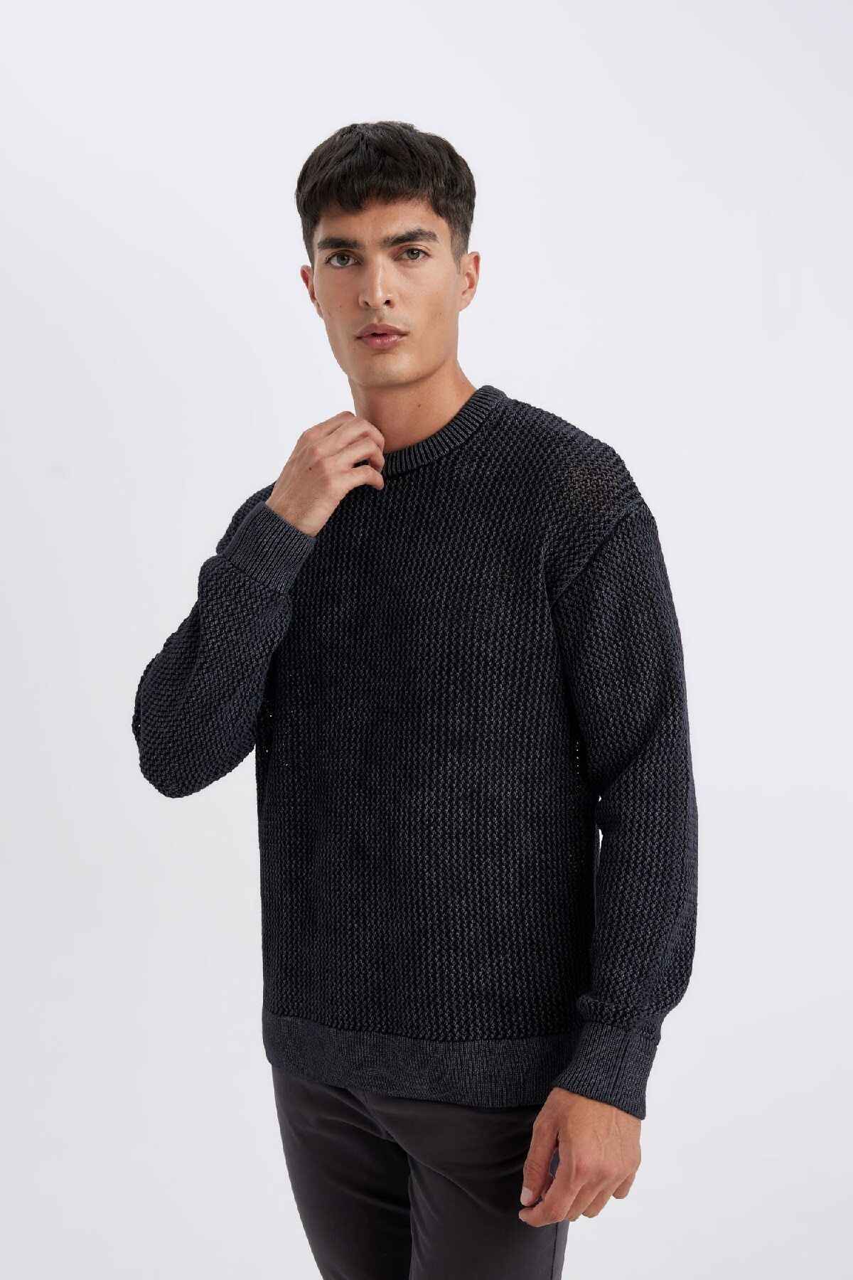 ژاکت بافتنی مردانه بژ Relax Fit راحت برش یقه با بافت D2061ax24au