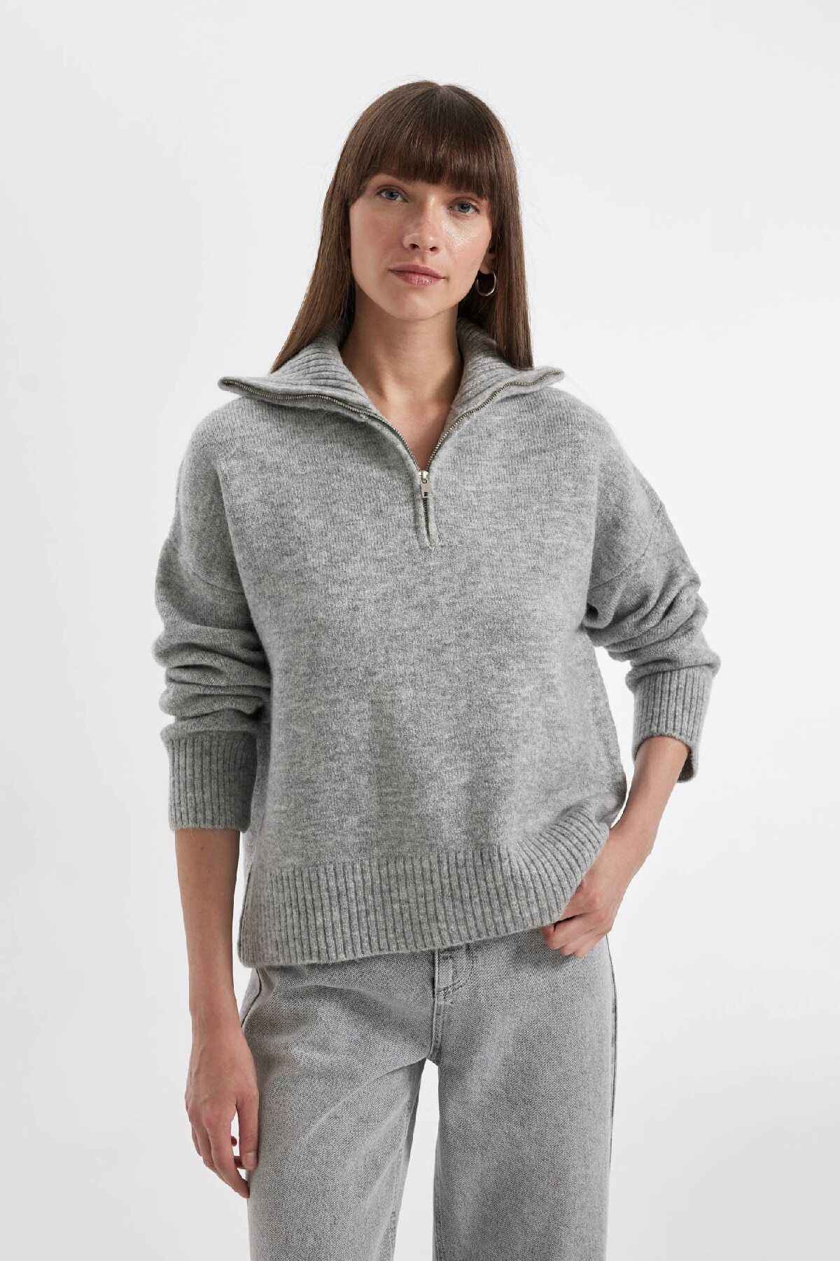 ژاکت بافتنی نیم زیپ یقه پولو سایز بزرگ A8180ax24wn