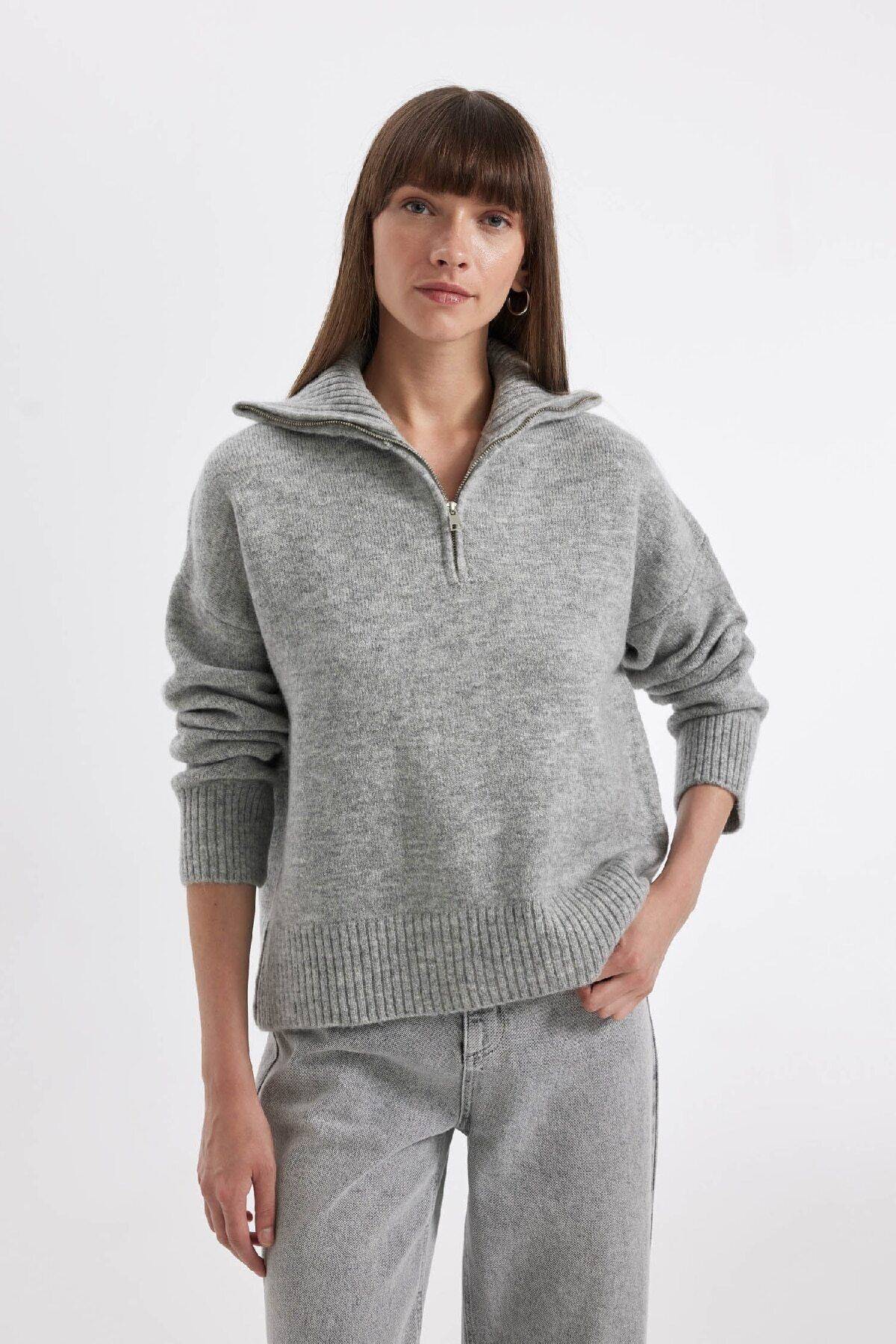 ژاکت بافتنی نیم زیپ یقه پولو سایز بزرگ A8180ax24wn