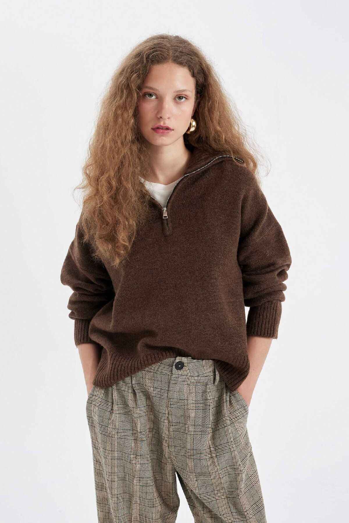 ژاکت بافتنی نیم زیپ یقه پولو سایز بزرگ A8180ax24wn