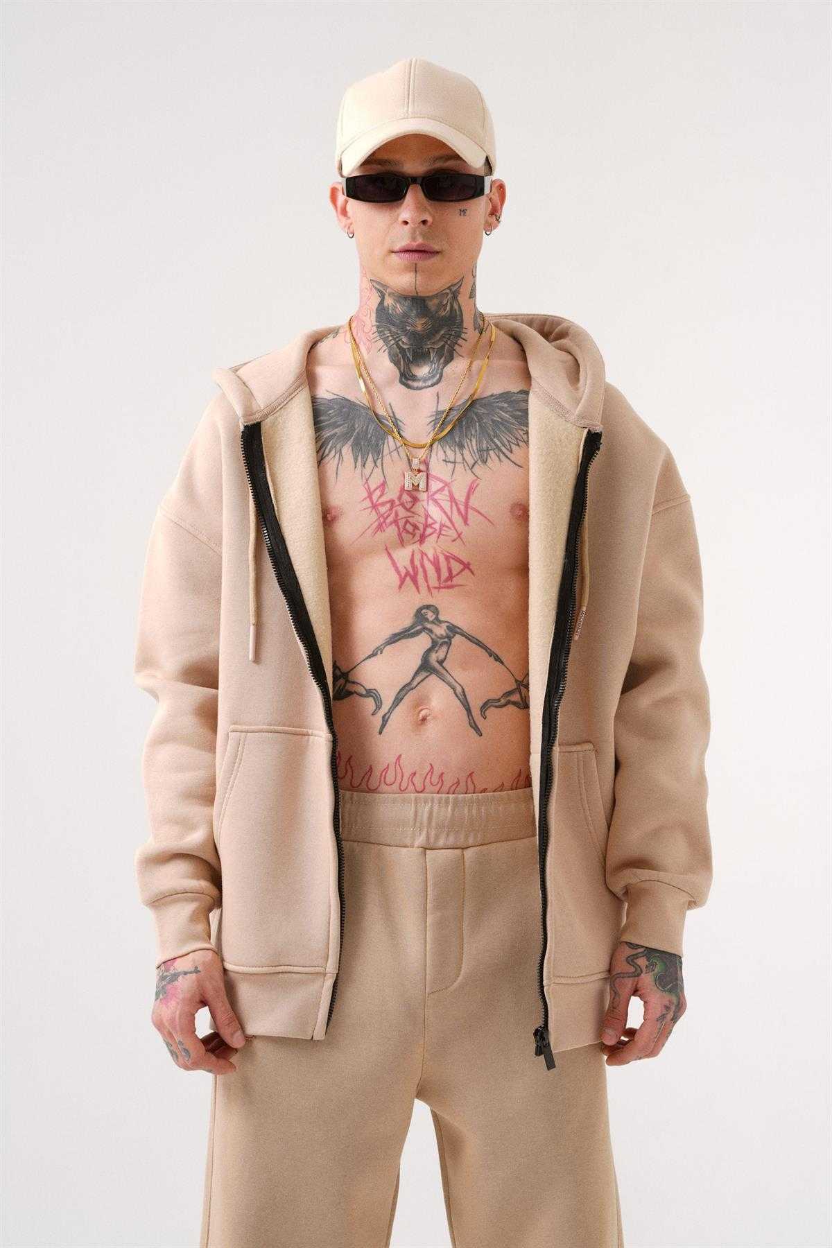 سویشرت ساده زیپ دار جیب دار یاسی یخی