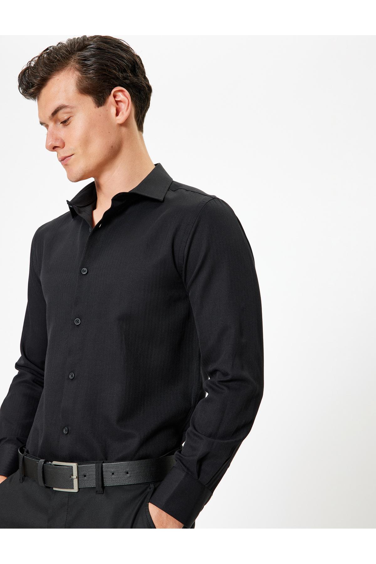 پیراهن کلاسیک آستین بلند نیم یقه ایتالیایی ترکیب پنبه ای