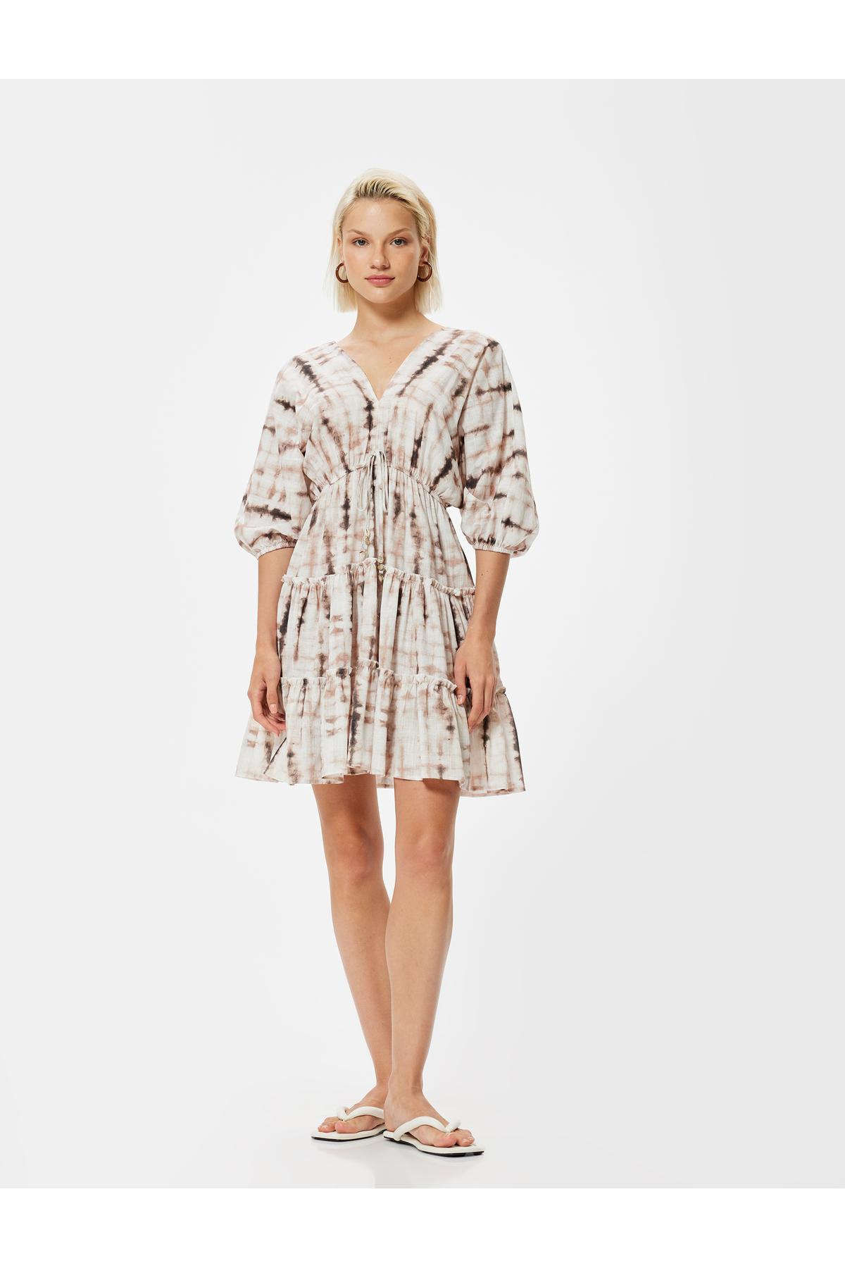 X Şahika Ercümen - لباس آستین بادکنکی مینی با طرح یقه V نخی