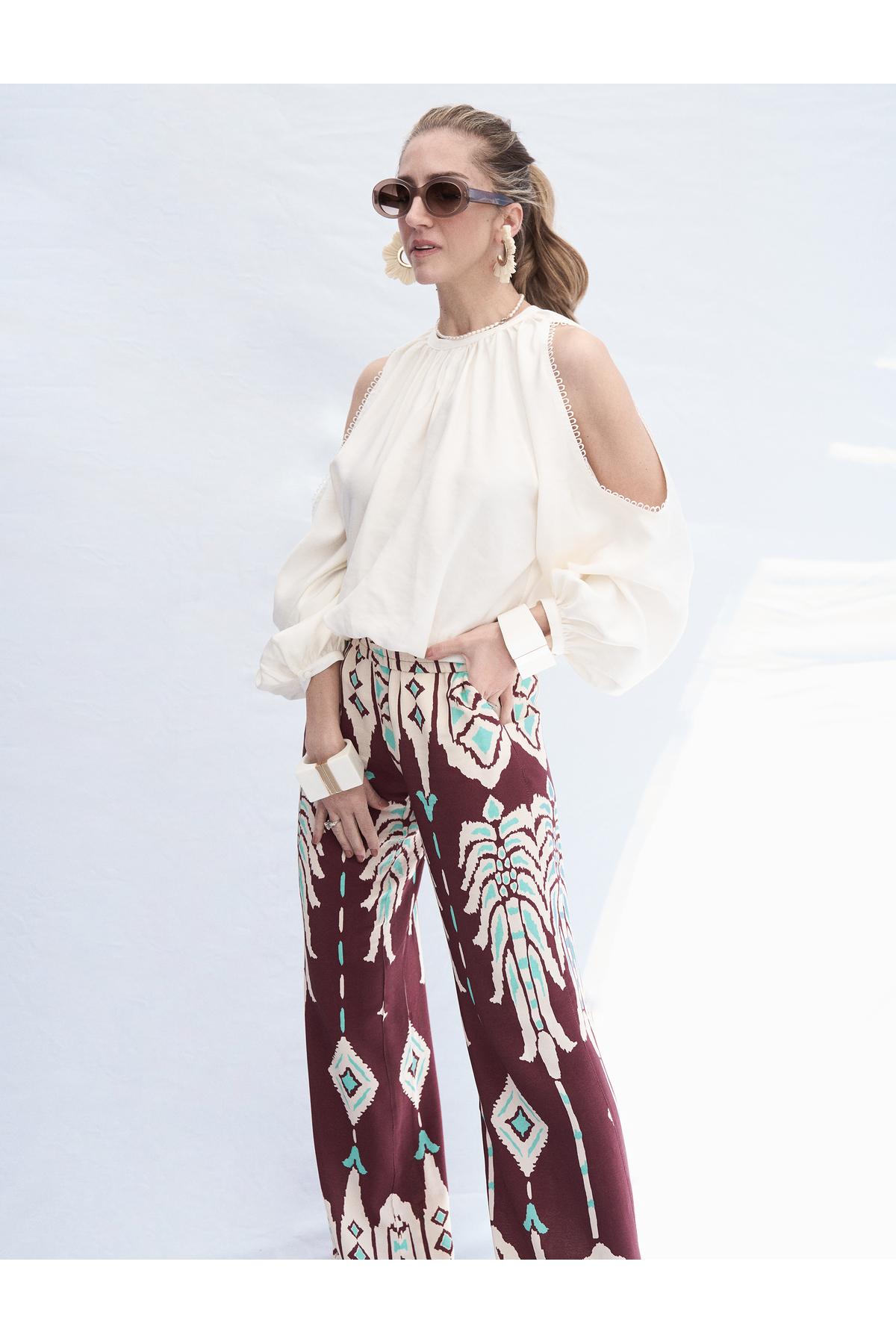 X Melis Ağazat - شلوار گشاد با طرح قومیتی پارچه ویسکوز با جیب