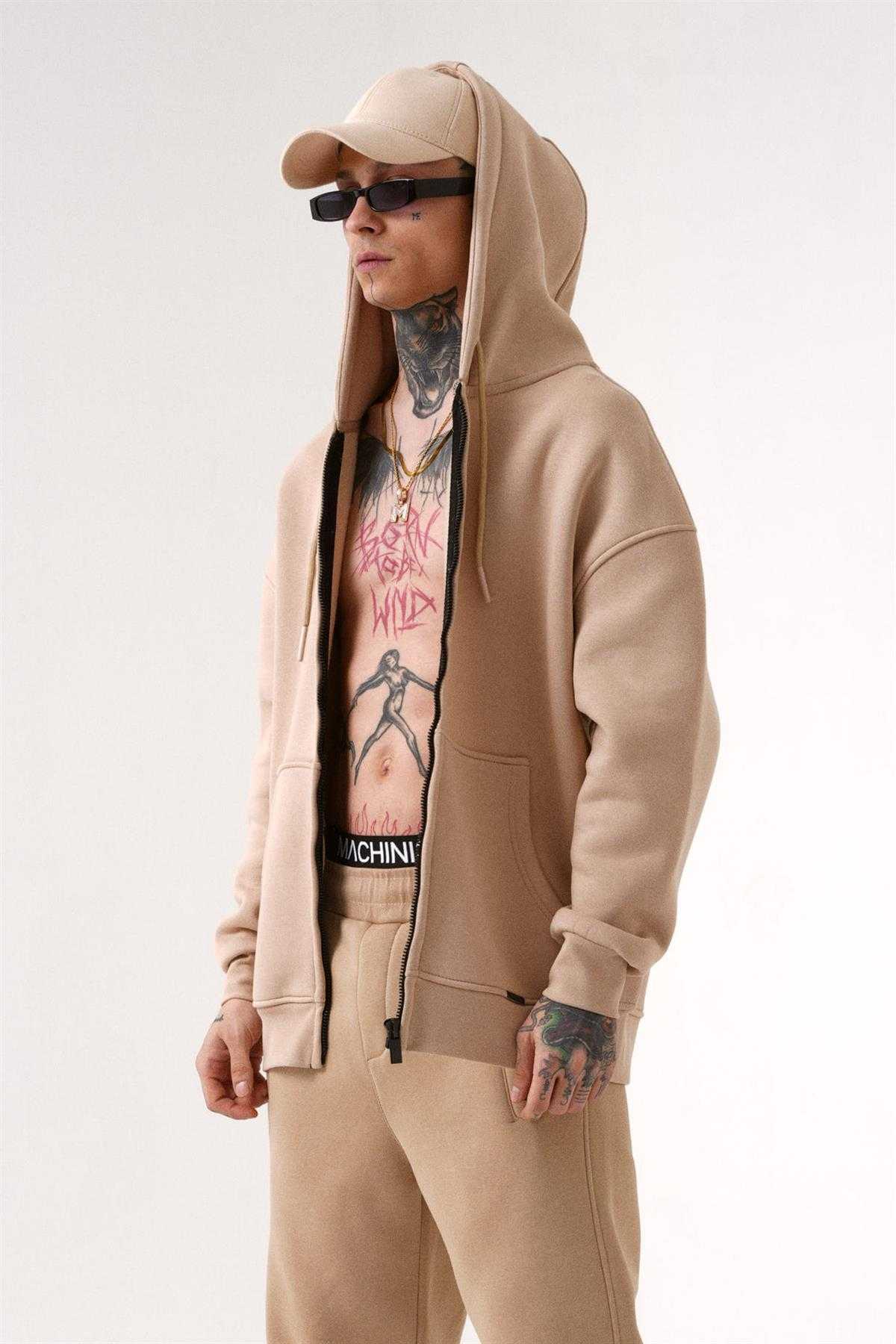 سویشرت ساده زیپ دار جیب دار یاسی یخی