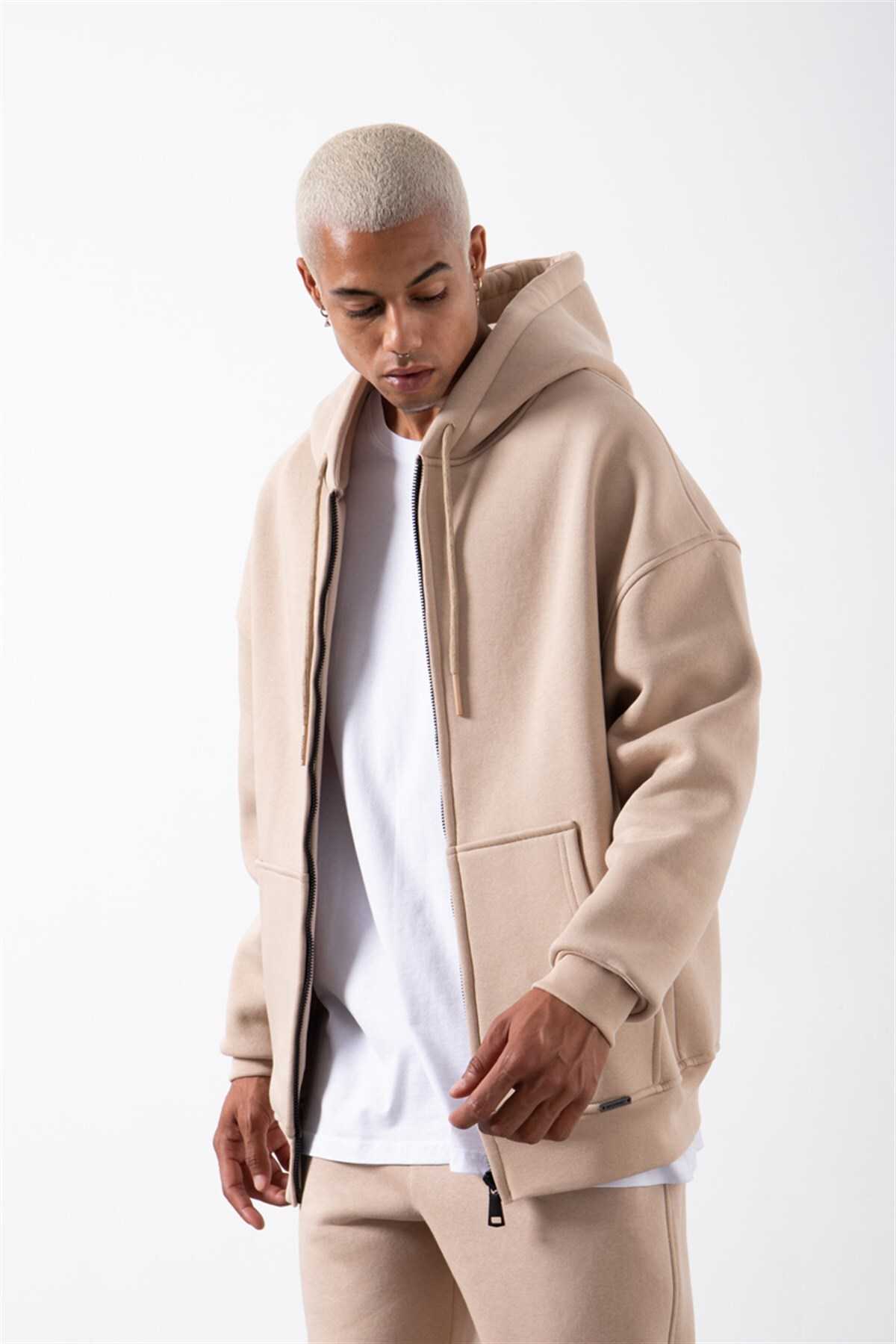 سویشرت ساده زیپ دار جیب دار یاسی یخی