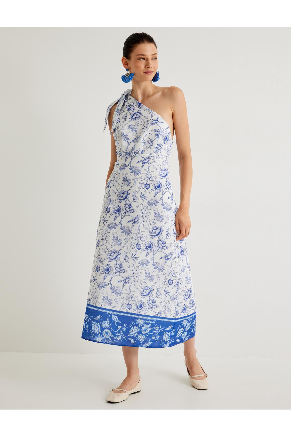 X Melis Ağazat - لباس میدی یک شانه گلدار با ریزه کاری پاپیون