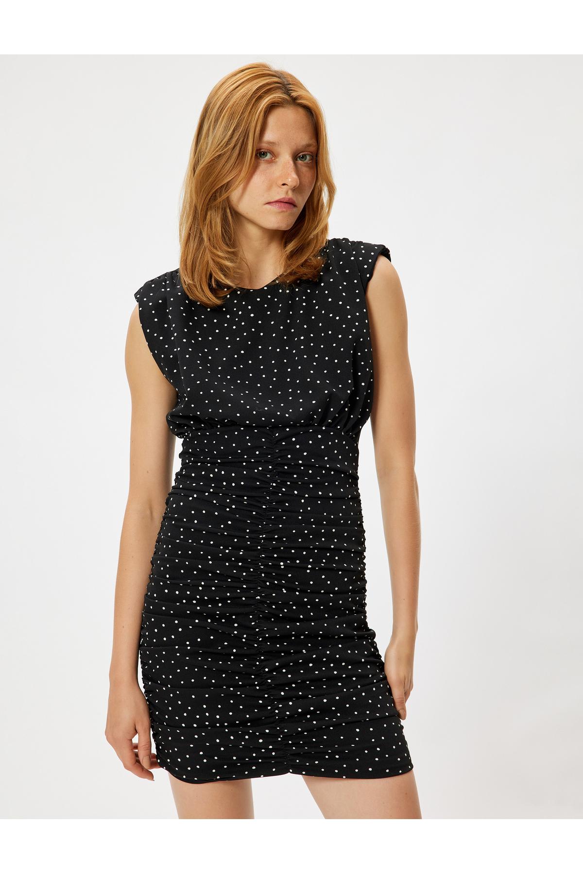 لباس خالدار مینی آستین دار بدون آستین یقه باریک