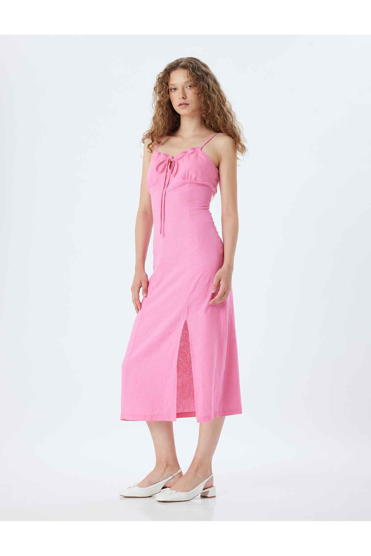 بند کتانی ترکیبی لباس بلند کراوات جلو