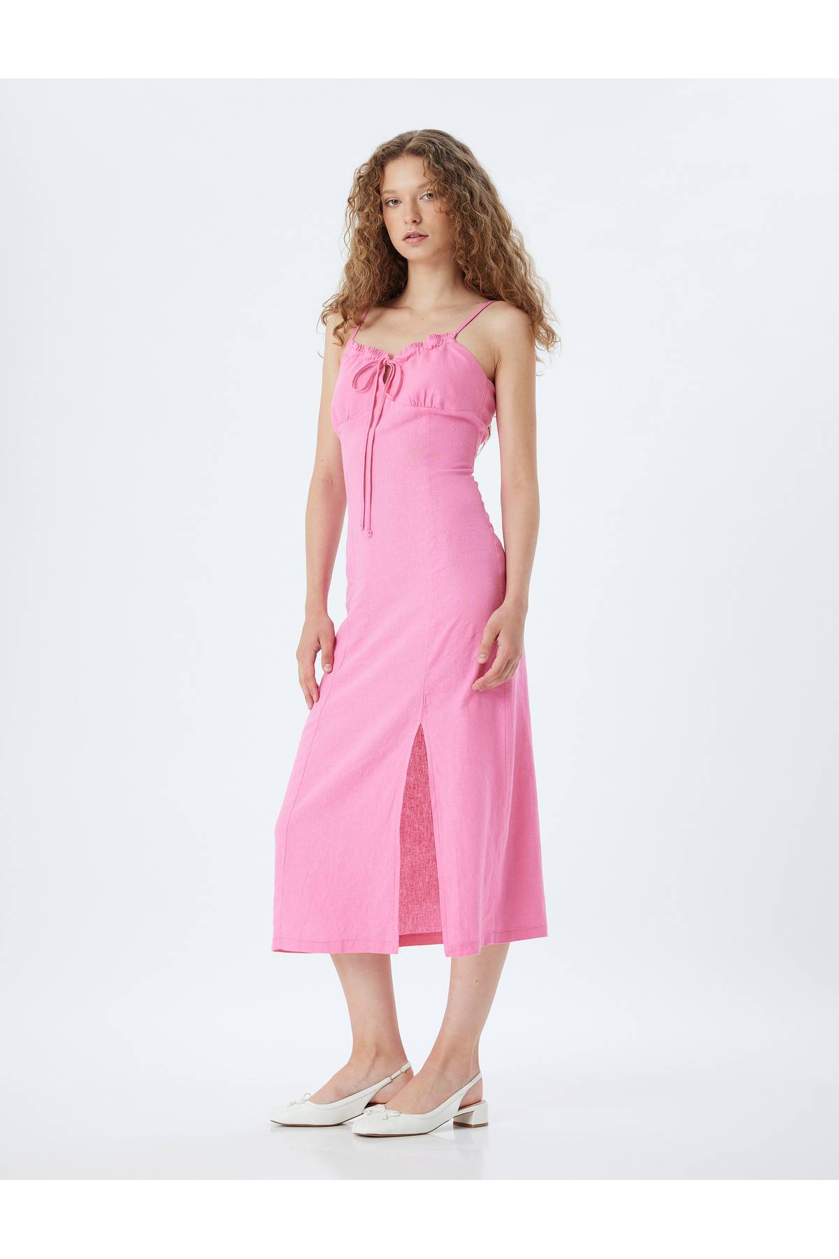 بند کتانی ترکیبی لباس بلند کراوات جلو