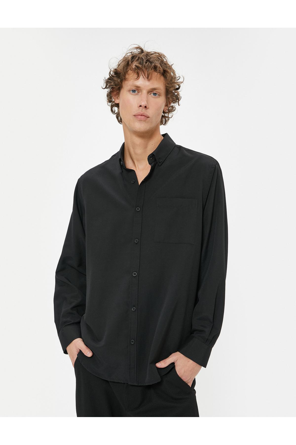 جیب آستین بلند پیراهن آکسفورد ترکیب پنبه ای با جزئیات