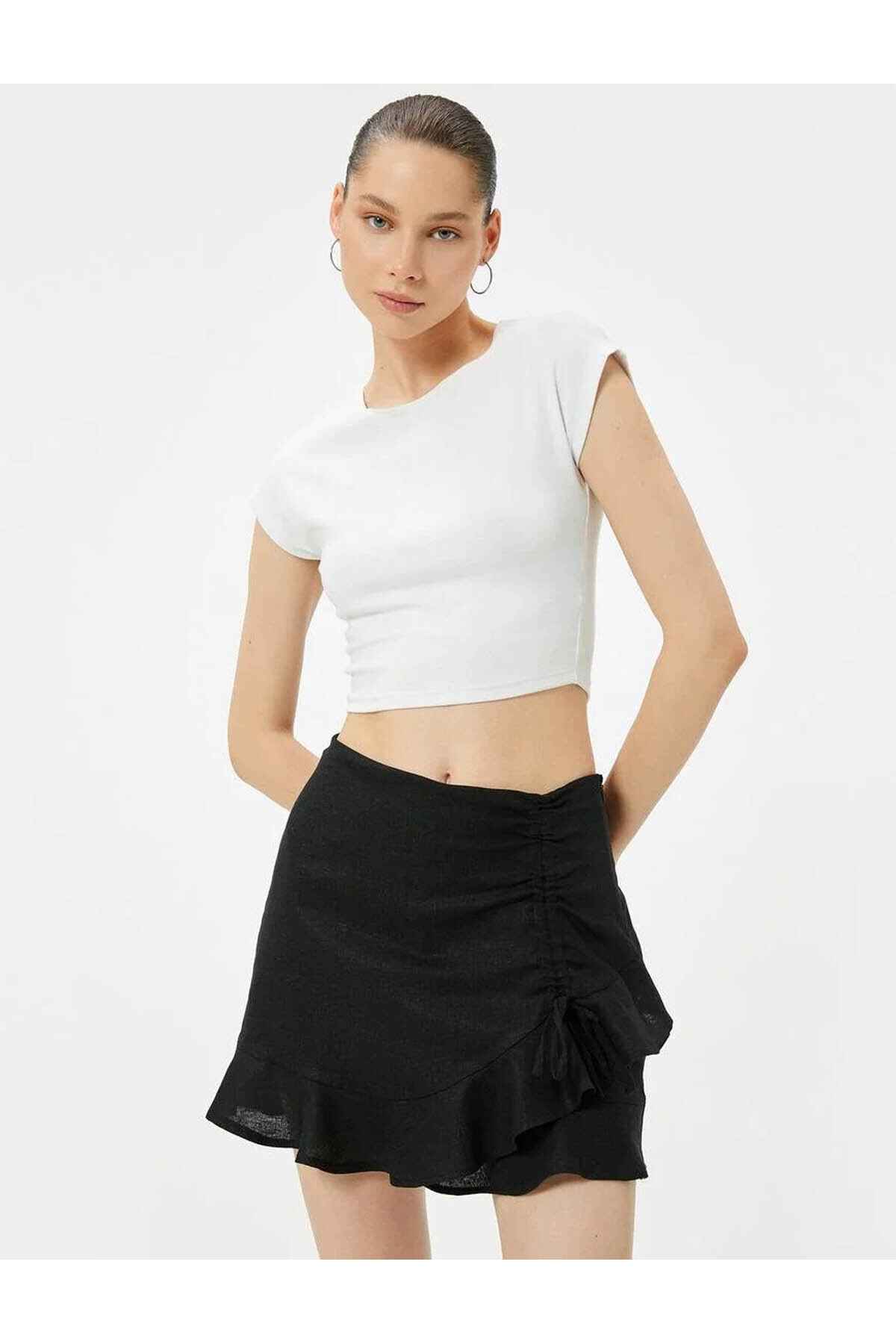 دامن کوتاه کتانی ژولیده باریک با جزئیات پاپیون