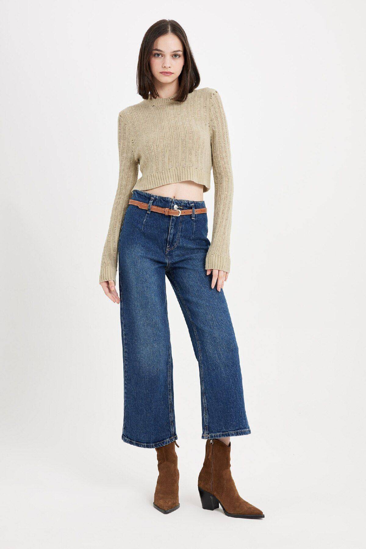 شلوار جین شسته قد بلند مدل Culotte