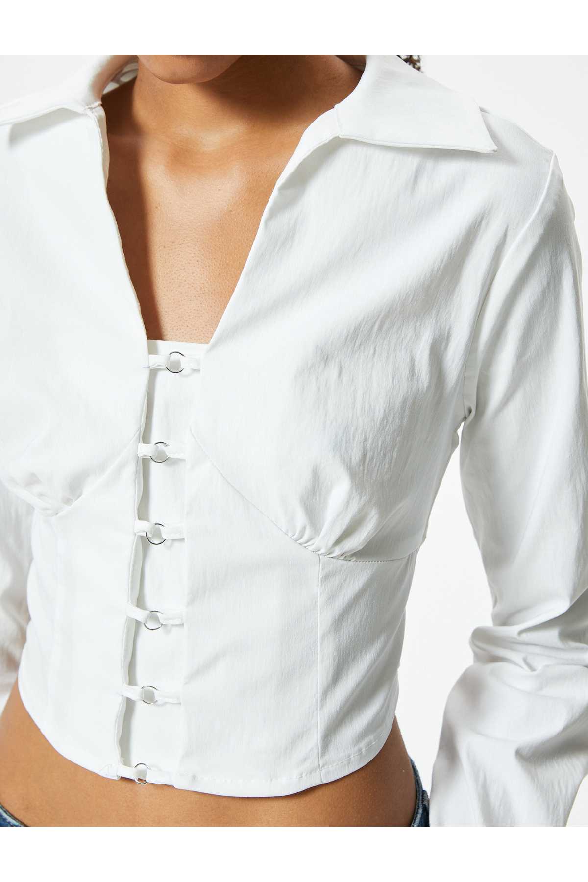 بلوز Crop یقه V-آستین بلند لوازم جانبی فلزی باریک