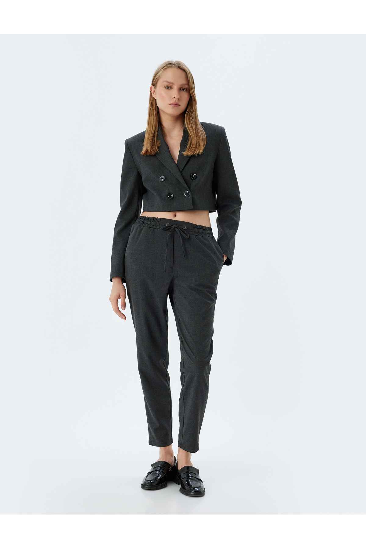 شلوار برش هویج جیب بند کمر الاستیک کمر بلند