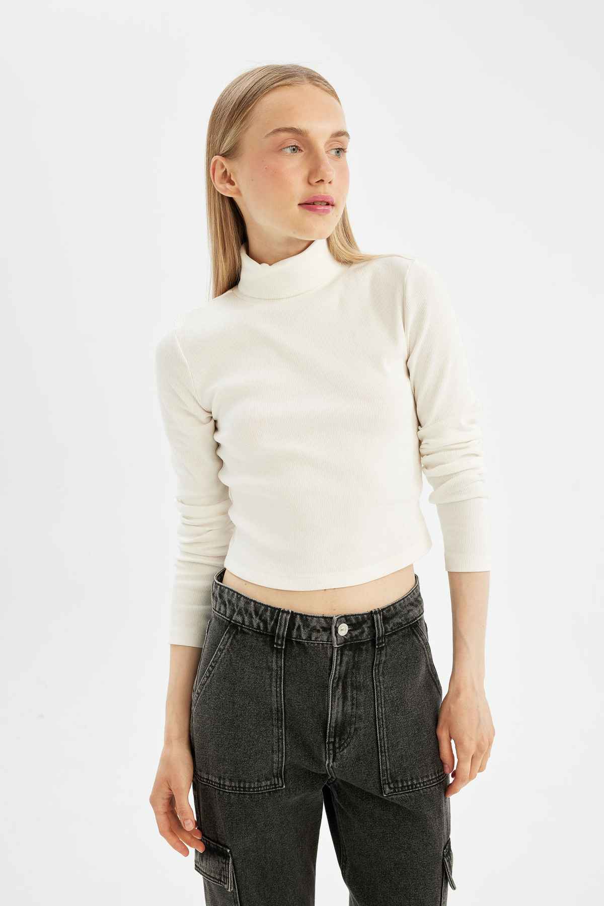 تیشرت آستین بلند ساده ساده و مدل لباس مجلسی آجدار با یقه یقه اسکی قرمز B6783ax24au