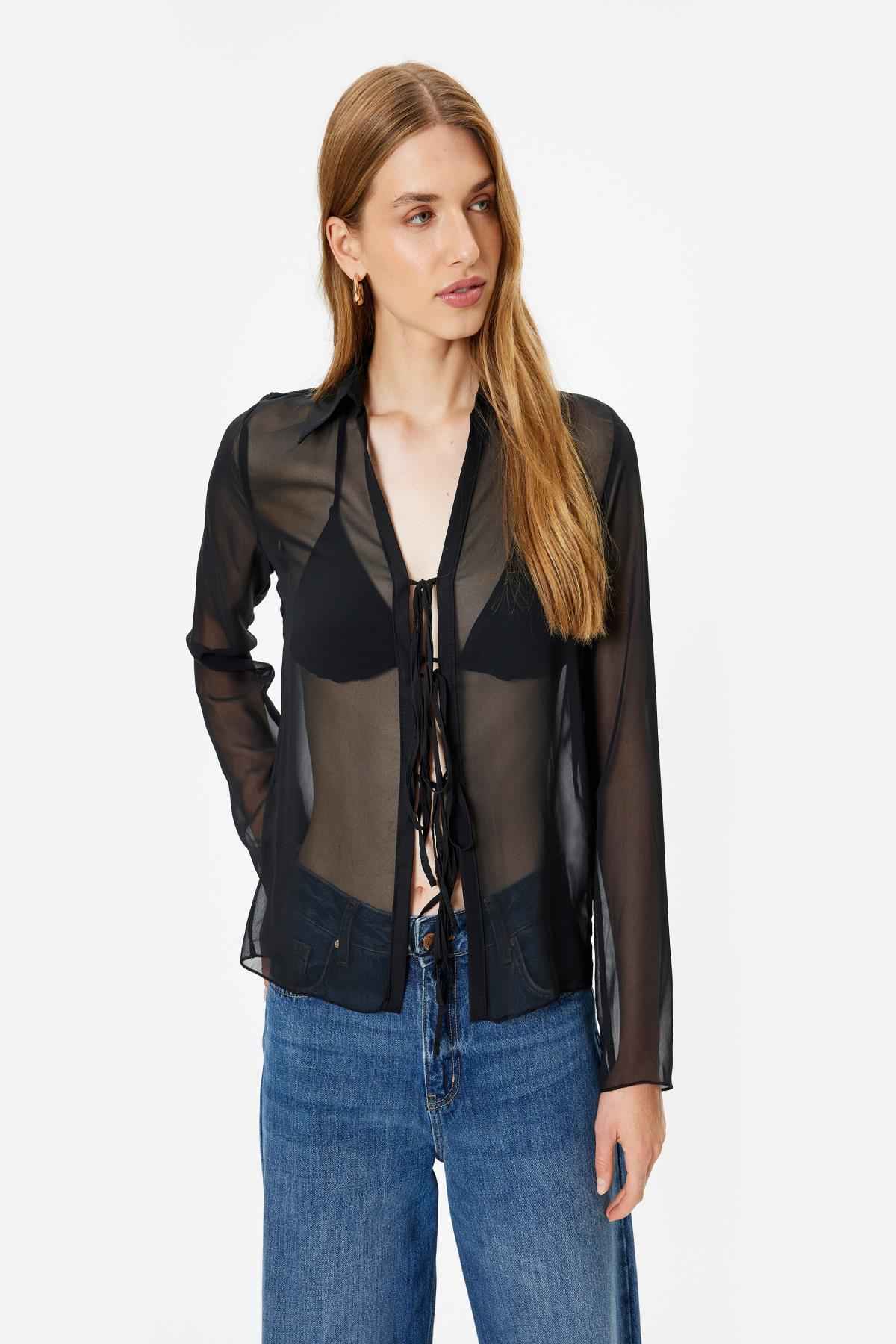 پیراهن شفاف توری با جزئیات کراوات جلو آستین بلند