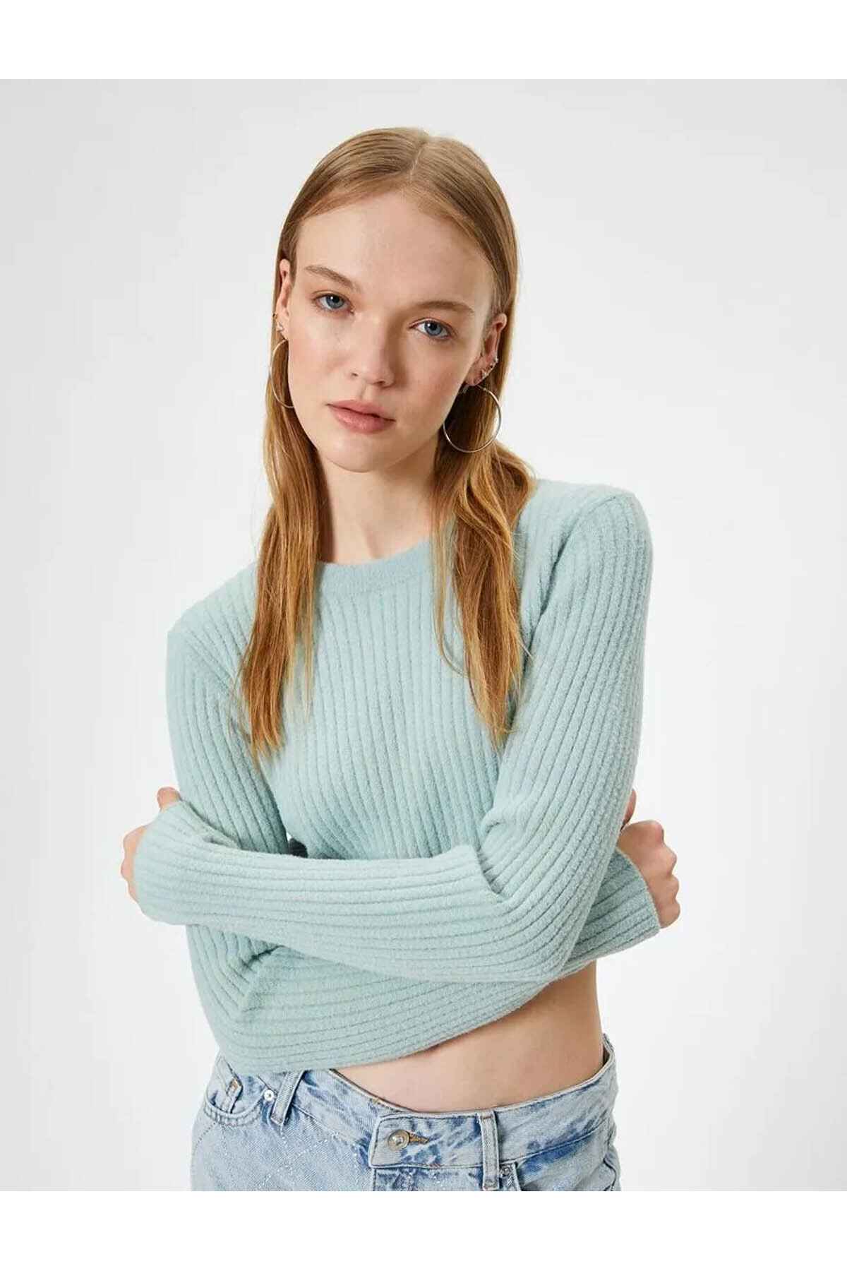 ژاکت بافتنی Crop یقه باریک آستین بلند