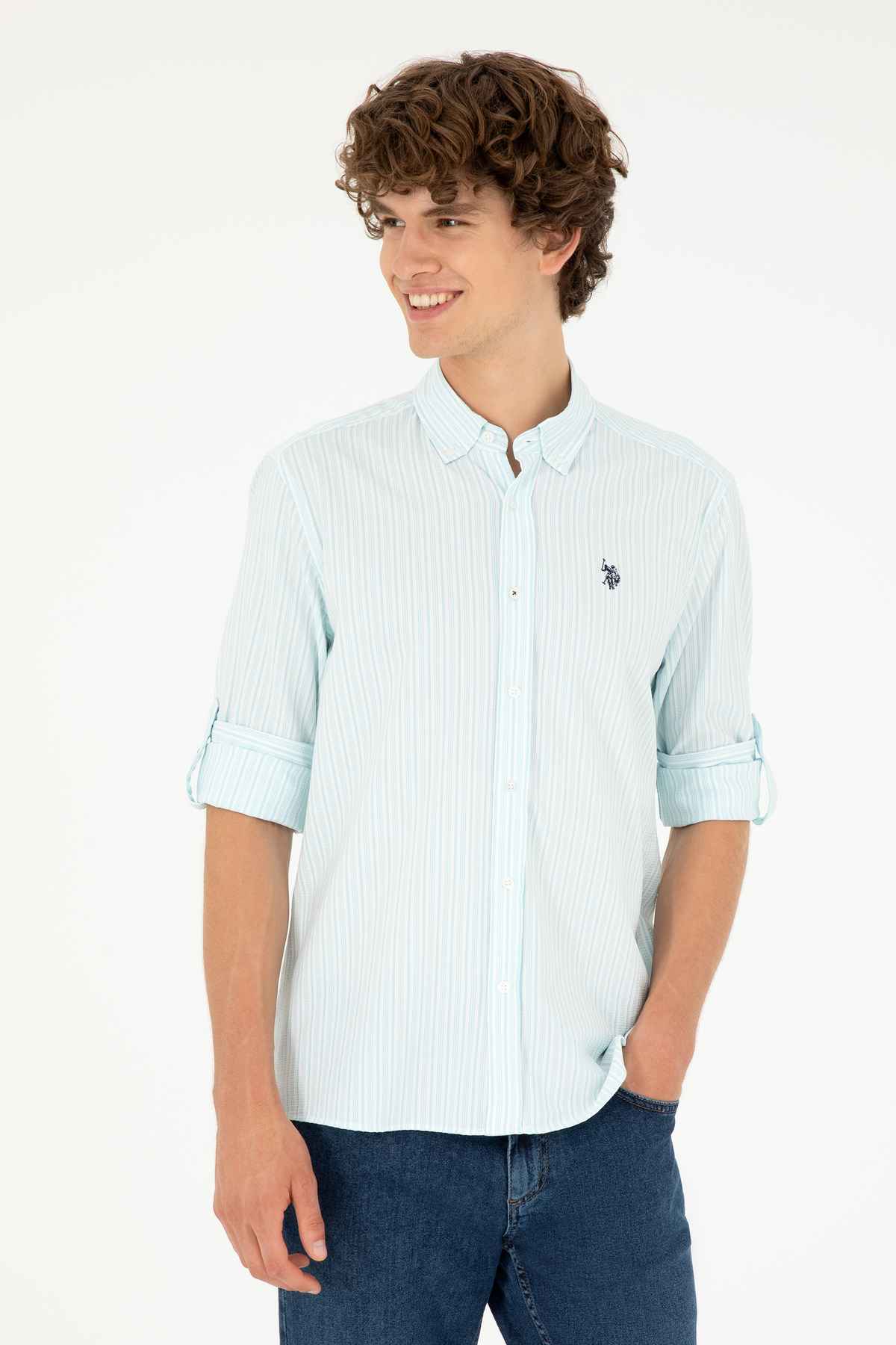 پیراهن آستین بلند مردانه آبی آبی 50288675-VR083