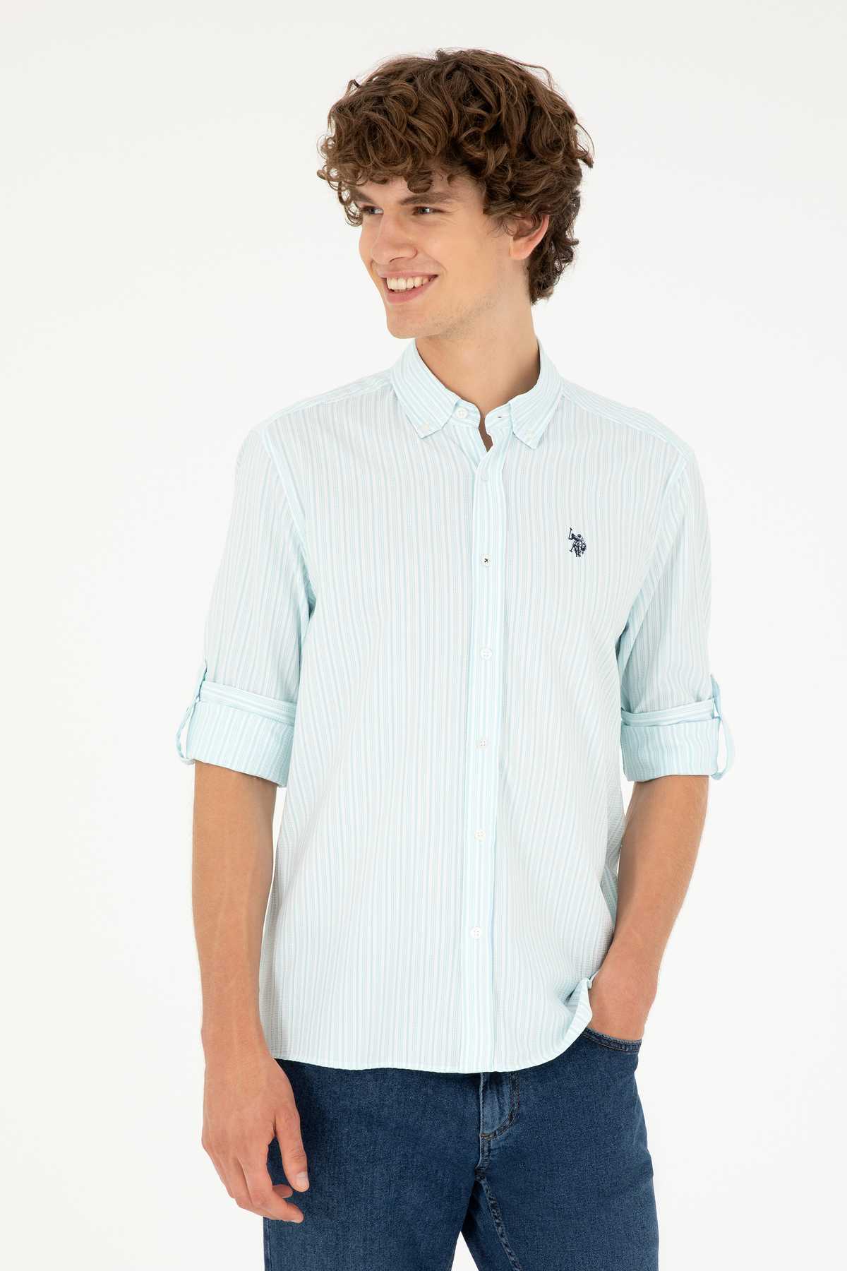 پیراهن آستین بلند مردانه آبی آبی 50288675-VR083