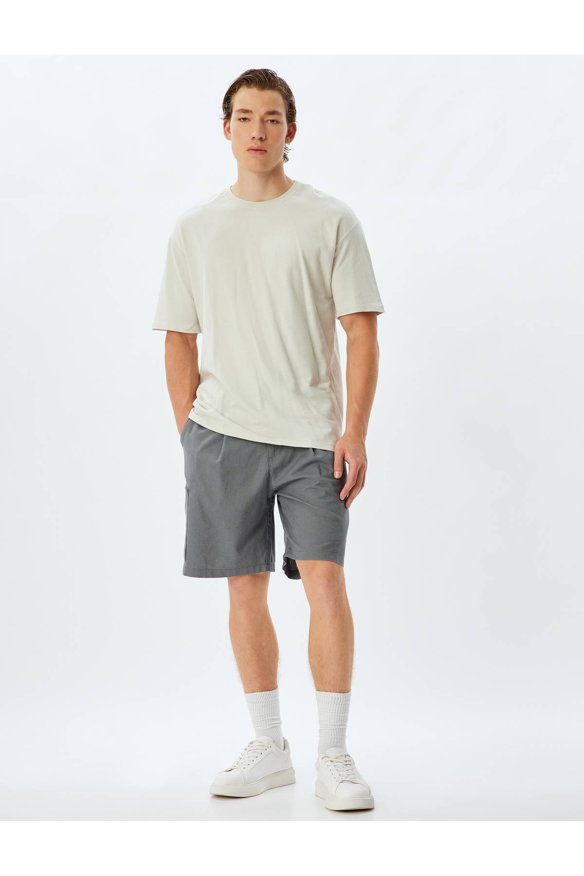 شلوارک ترکیبی کتانی برمودا چینو با جزئیات جیبی