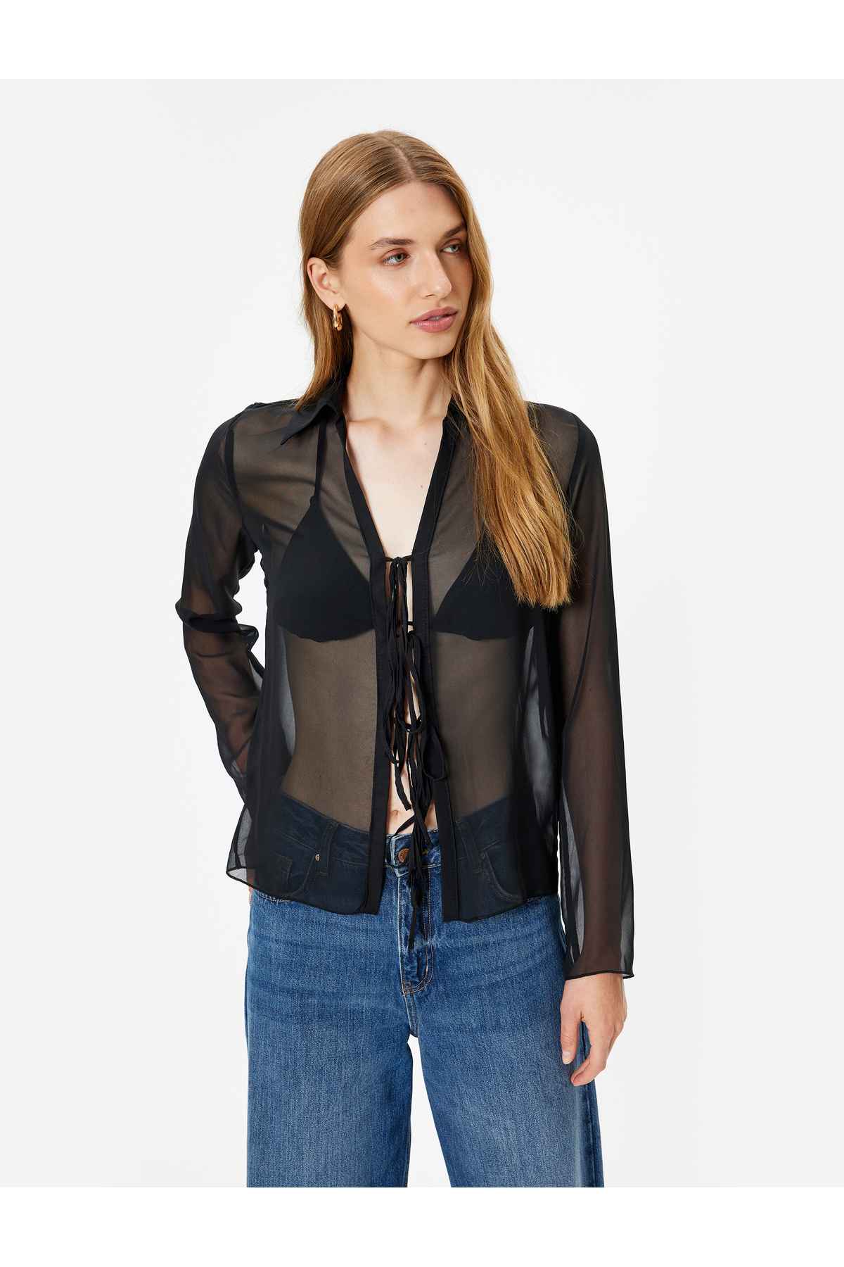 پیراهن شفاف توری با جزئیات کراوات جلو آستین بلند