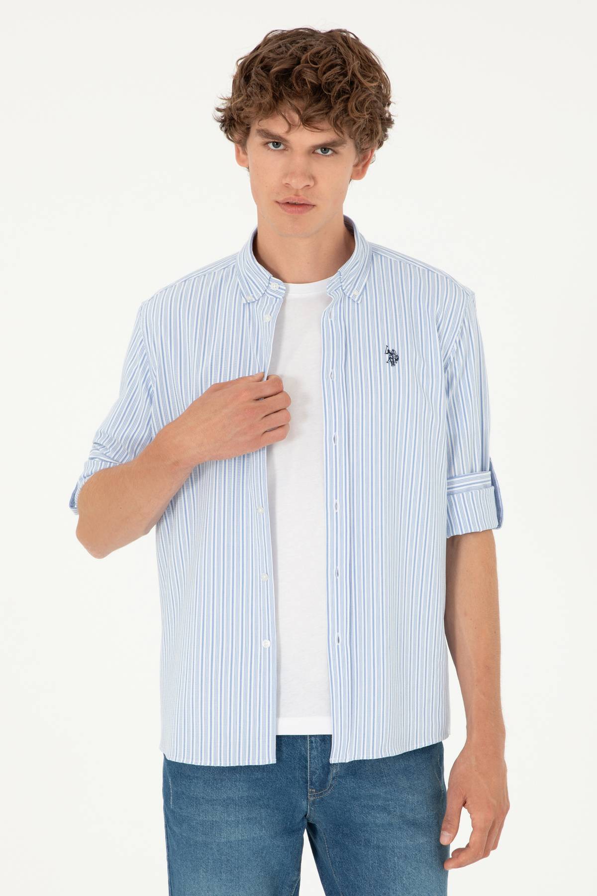 پیراهن آستین بلند مردانه آبی آبی 50288675-VR083