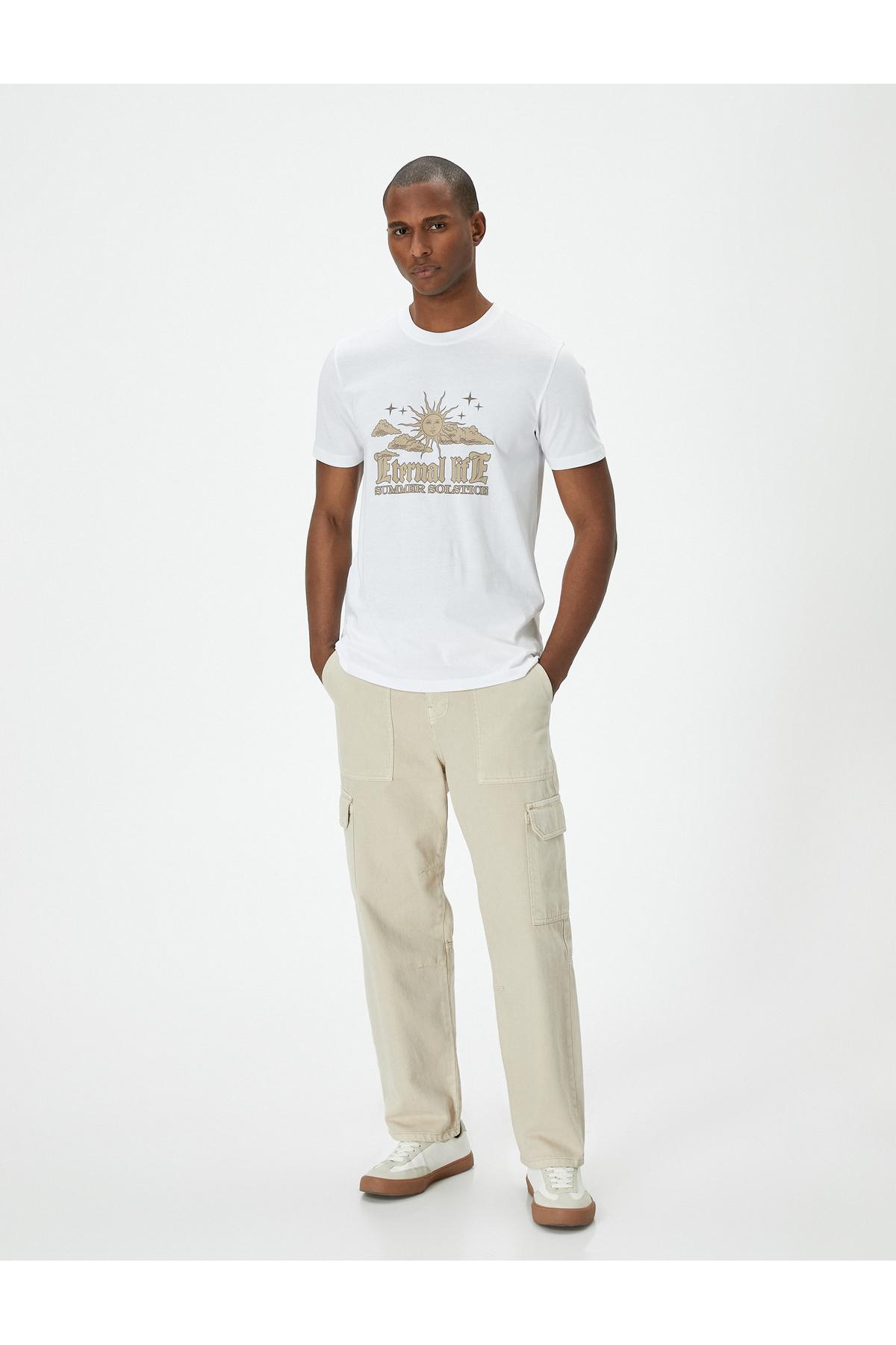 تیشرت چاپی شعار باریک آستین کوتاه یقه خدمه نخی