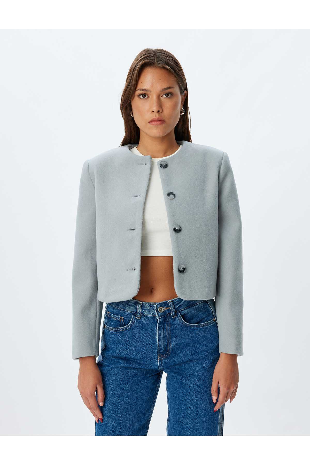 ژاکت کراپ بدون یقه دکمه دار آستین بلند