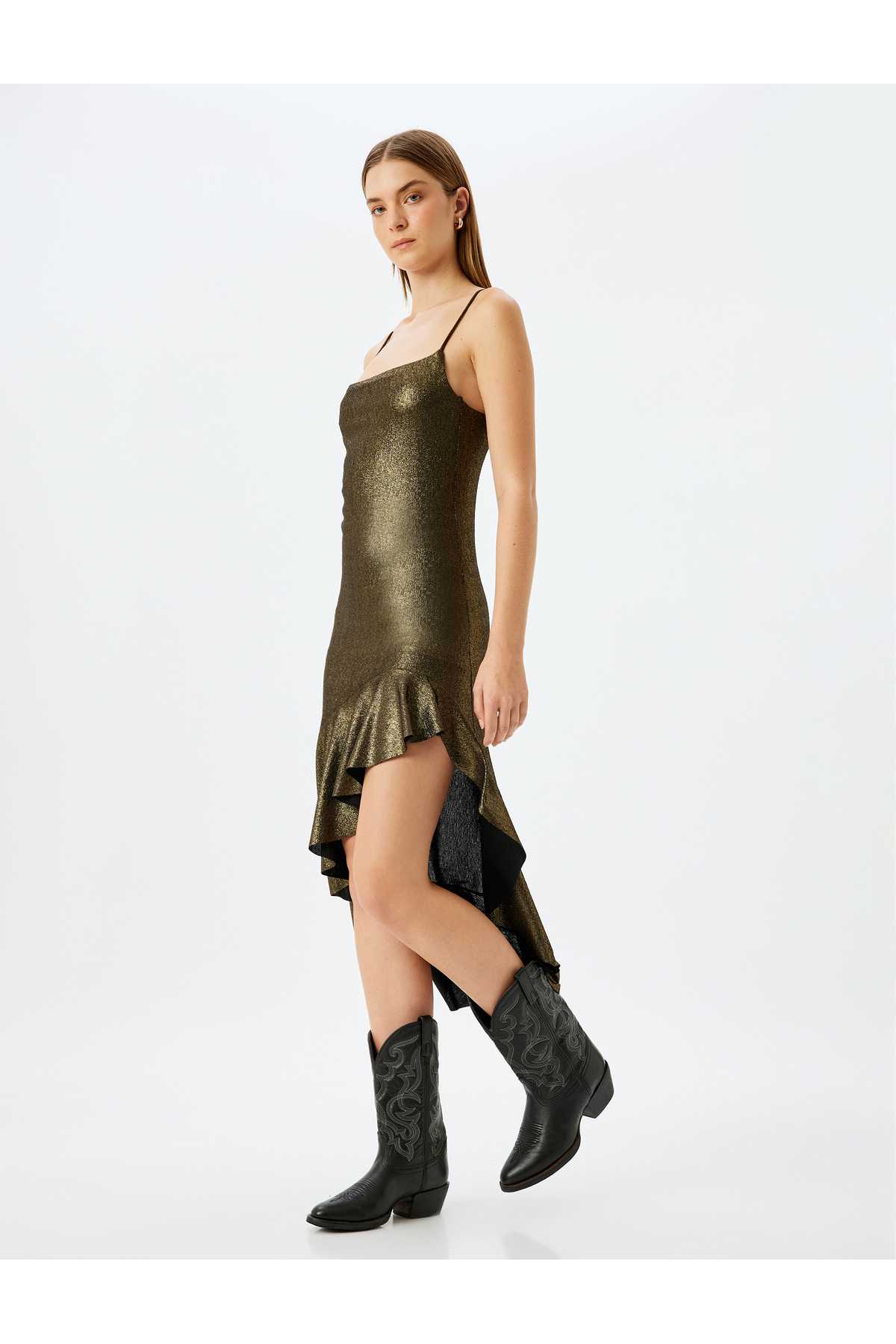 لباس شب بلند یقه مربعی برش نامتقارن با بند