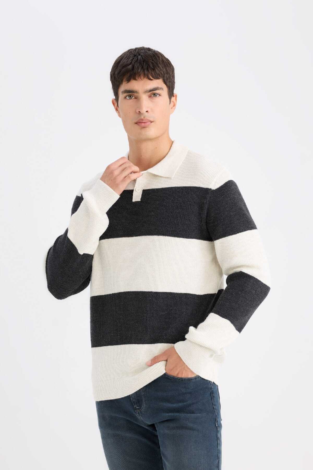 پلیور بافتنی راه راه یقه پولو با تناسب استاندارد