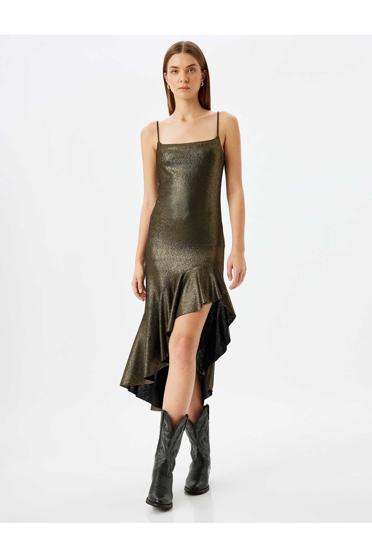 لباس شب بلند یقه مربعی برش نامتقارن با بند