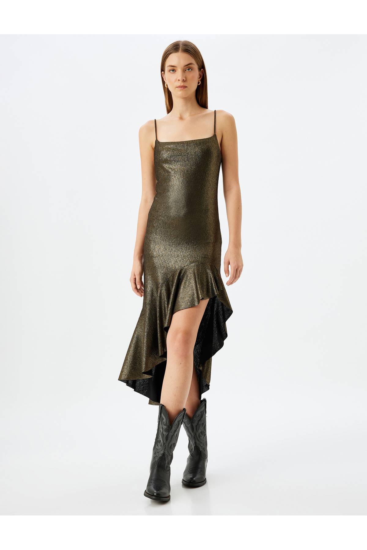 لباس شب بلند یقه مربعی برش نامتقارن با بند