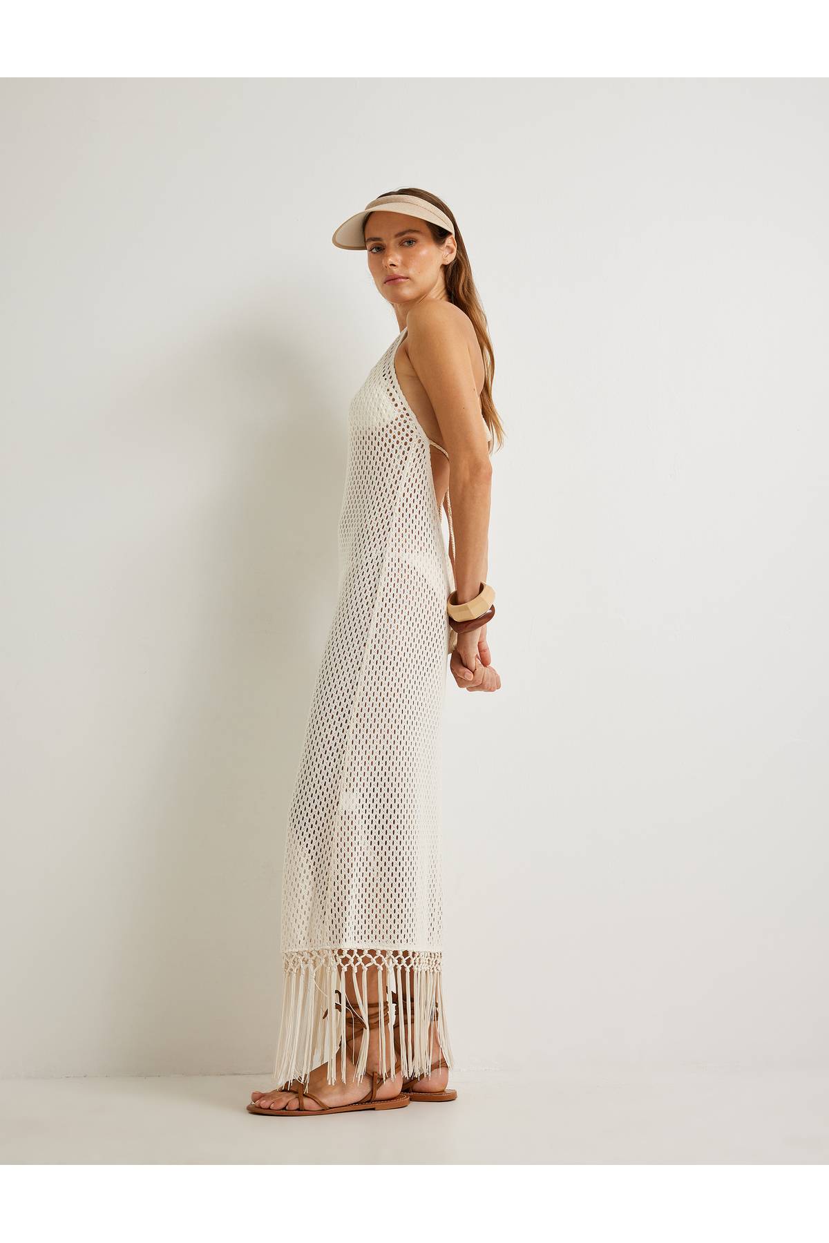 X Şahika Ercümen - منگوله یقه هالتر لباس ساحلی قلاب بافی