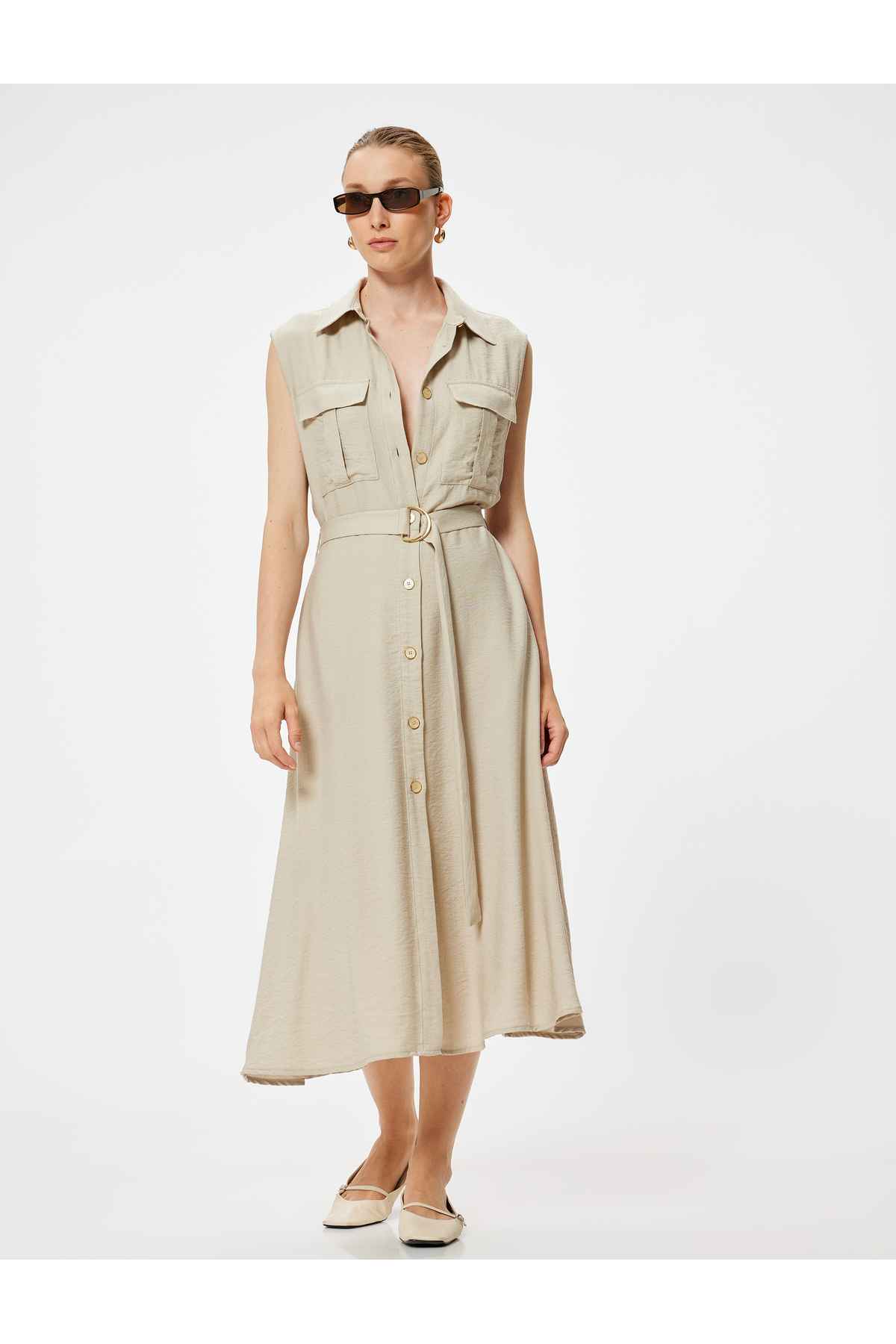 جیب کمربندی پیراهن میدی بدون آستین لباس ویسکوز با جزئیات