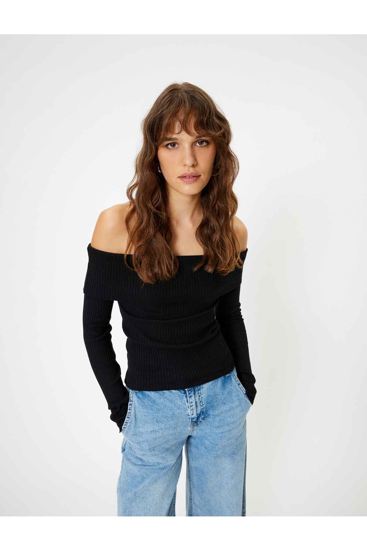 ژاکت بافتنی بدون شانه با جزئیات کف آستین بلند آجدار