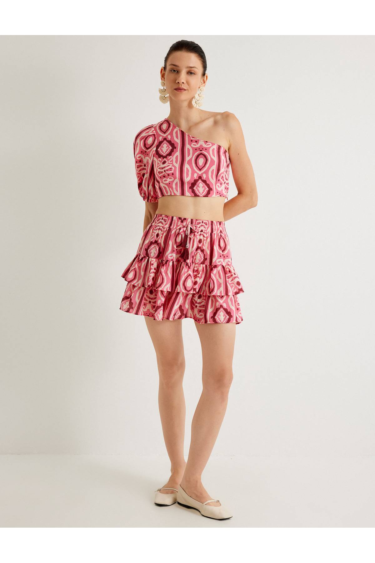 X Melis Ağazat - دامن مینی لایه ای با طرح قومی پارچه ویسکوز مناسب مناسب