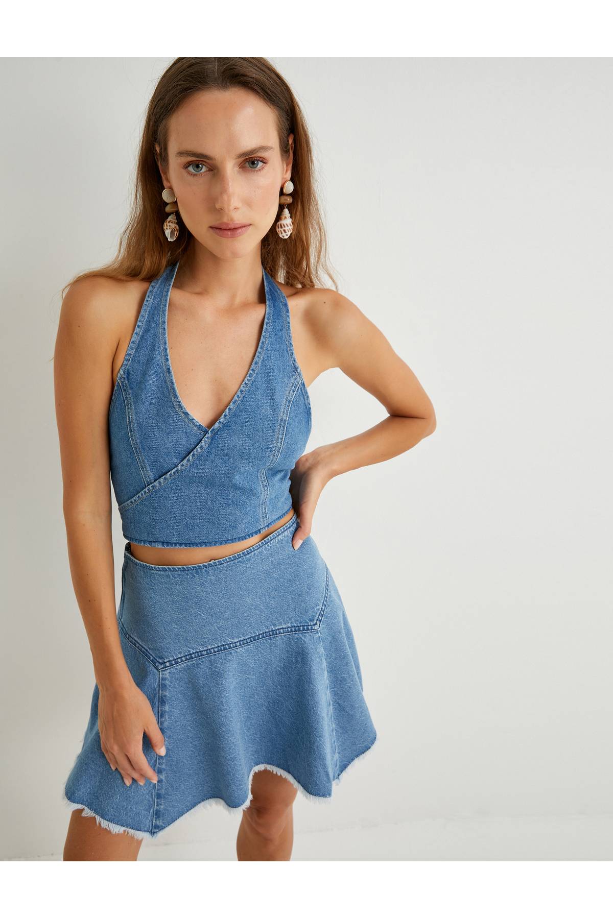 X Şahika Ercümen - مینی دامن جین A Cut Tassels Comfortable Fit