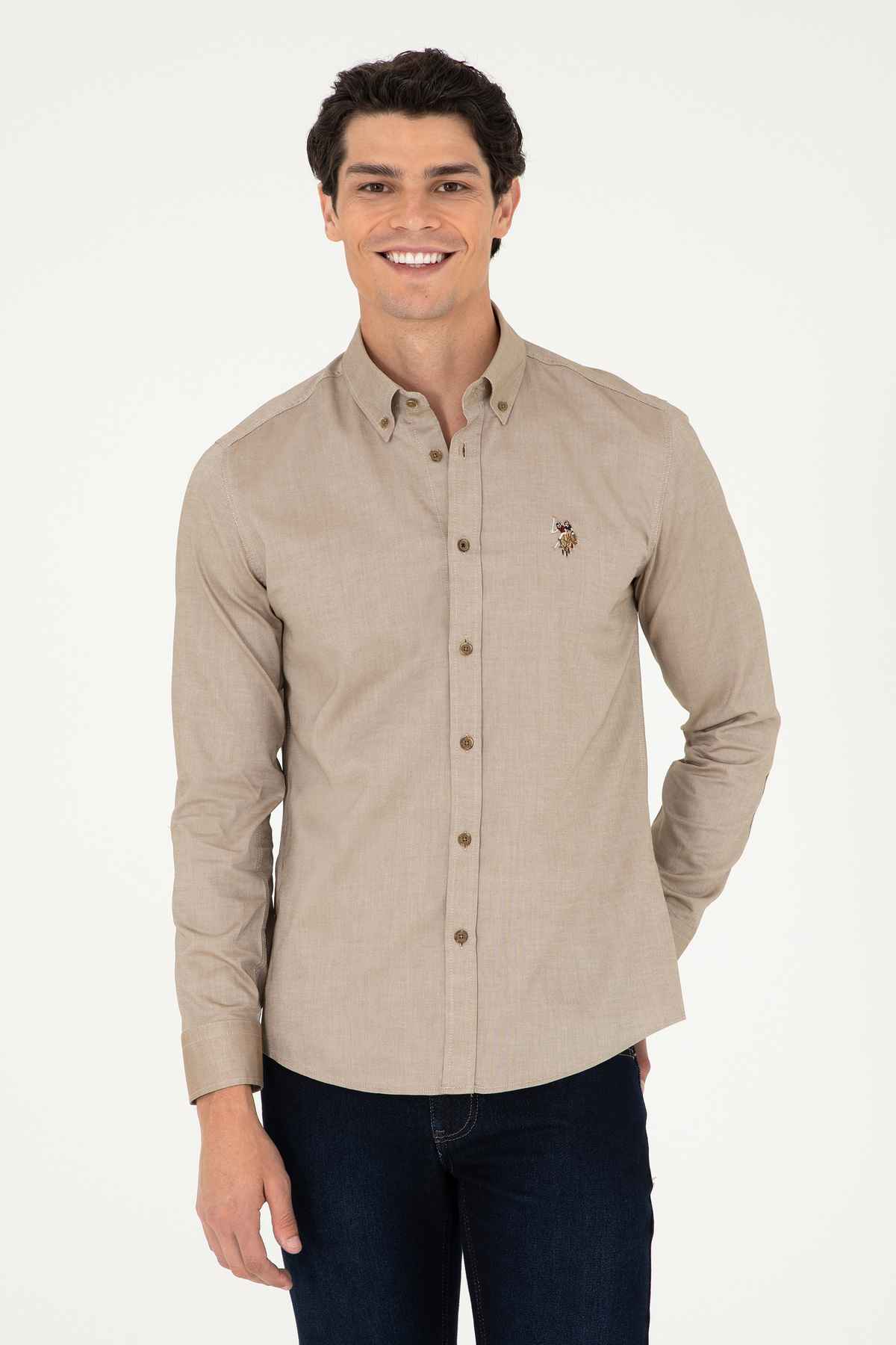 پیراهن پایه آستین بلند خاکی مردانه 50293847-VR027