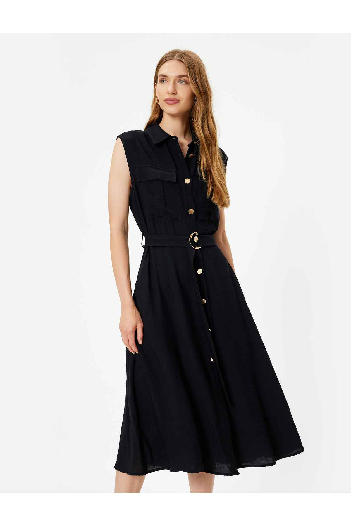 جیب کمربندی پیراهن میدی بدون آستین لباس ویسکوز با جزئیات