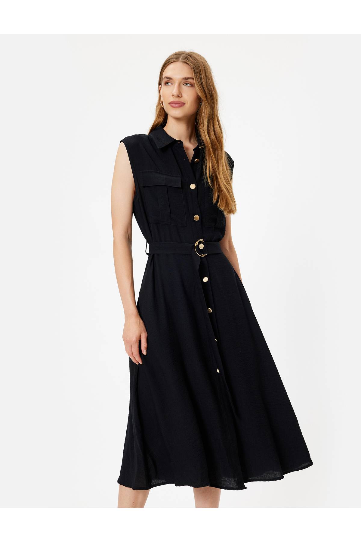 جیب کمربندی پیراهن میدی بدون آستین لباس ویسکوز با جزئیات