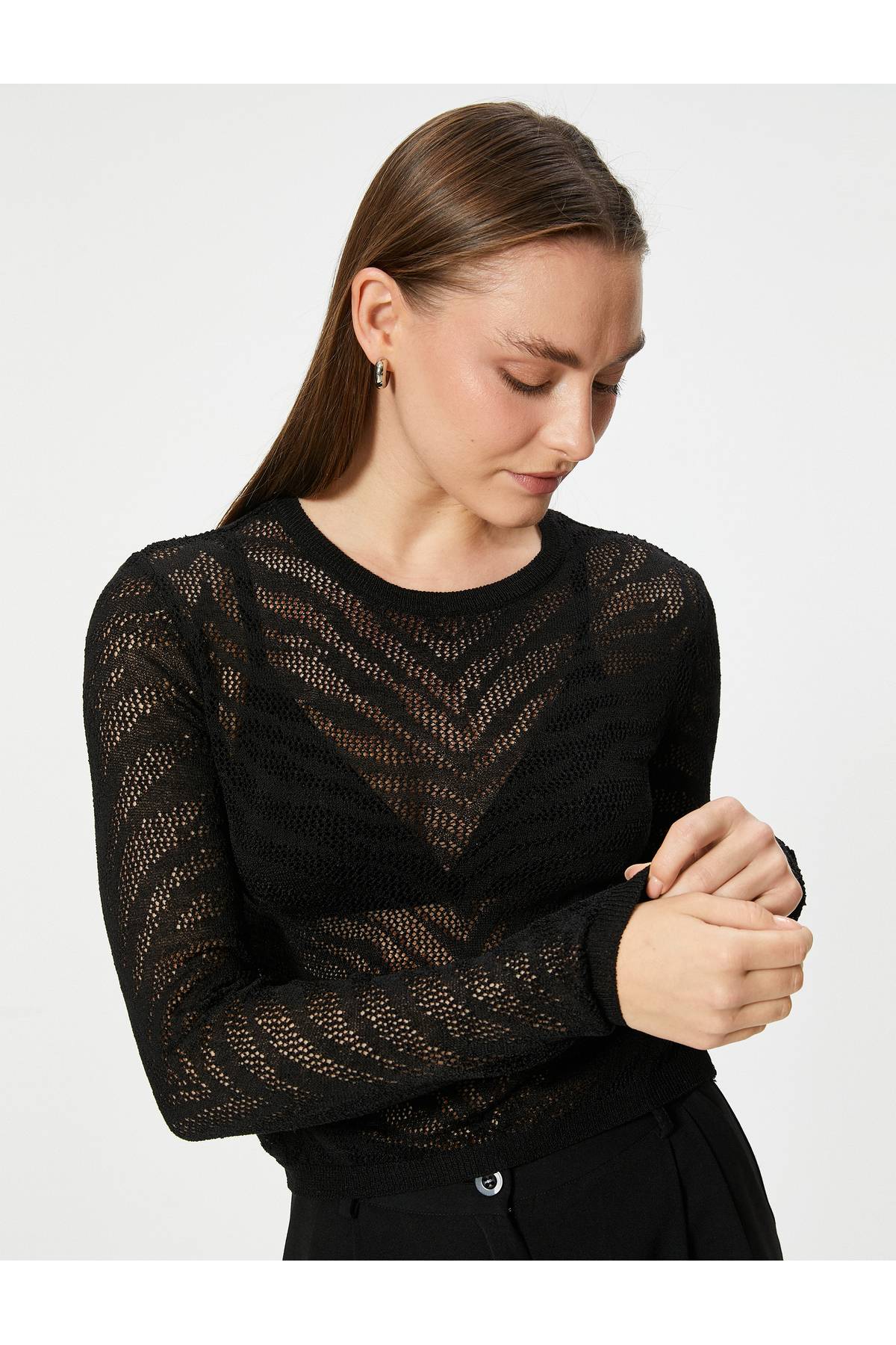 یقه آستین بلند ژاکت بافتنی روباز